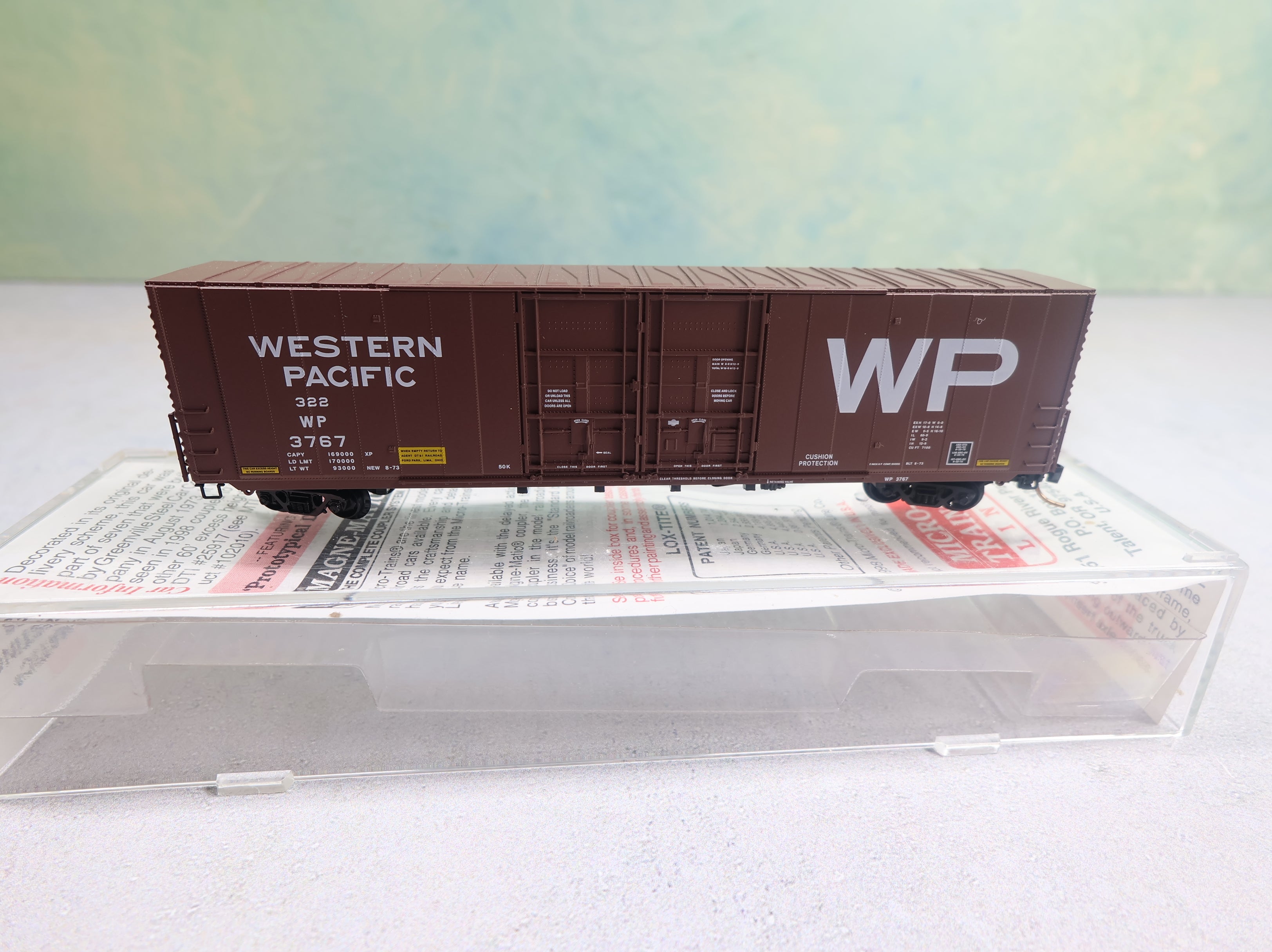 USED Micro-Trains 102050 N Scale 60' Box Car Excess Height Double Plug Doors Rivet Sides Western Pacific WP #3767 Knuckle Couplers