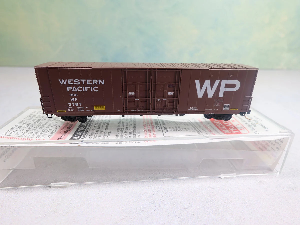 USED Micro-Trains 102050 N Scale 60' Box Car Excess Height Double Plug Doors Rivet Sides Western Pacific WP #3767