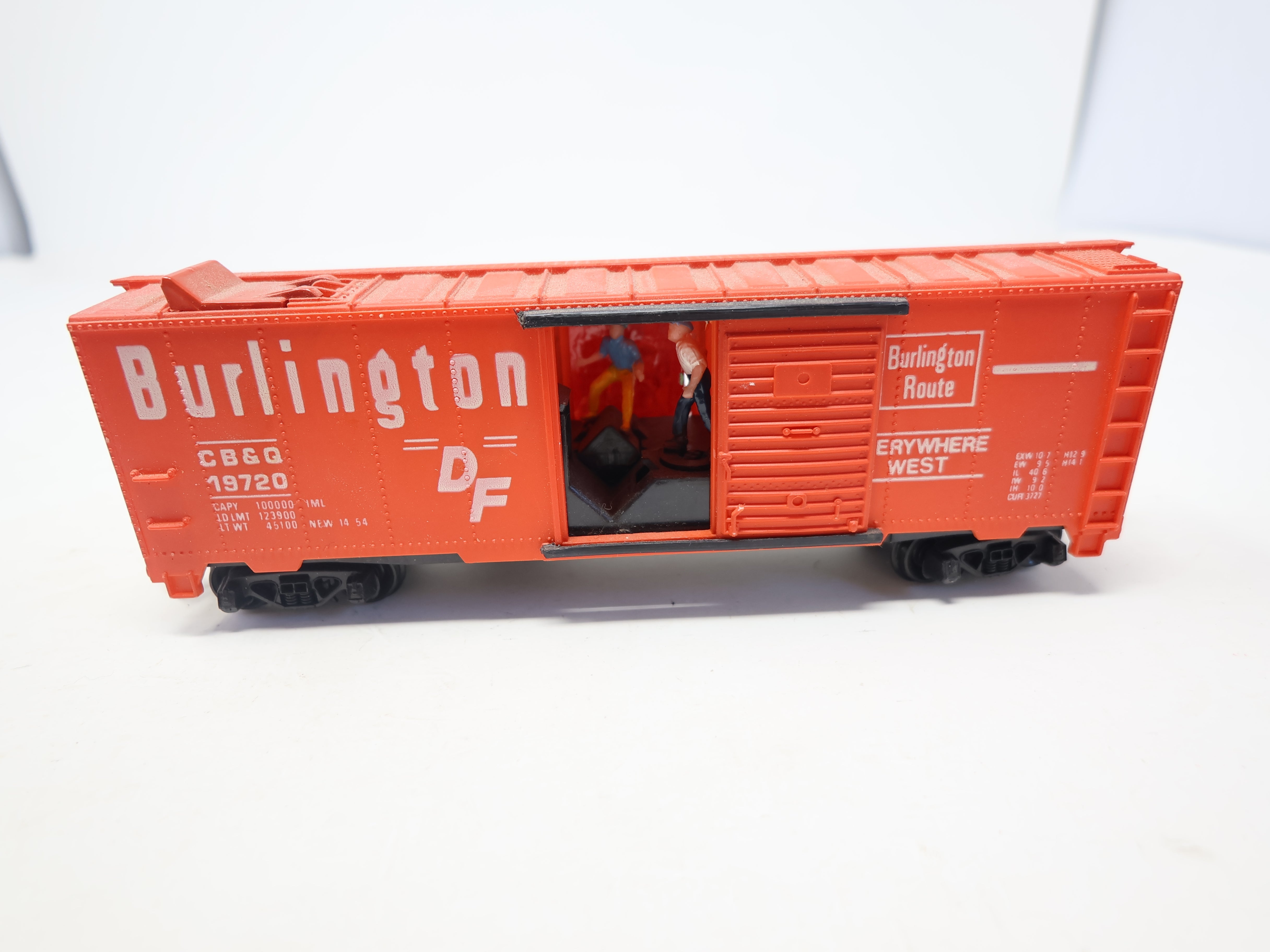 USED Tyco HO Scale, 40' Box Car w/ Workers, Burlington CB&Q #19720