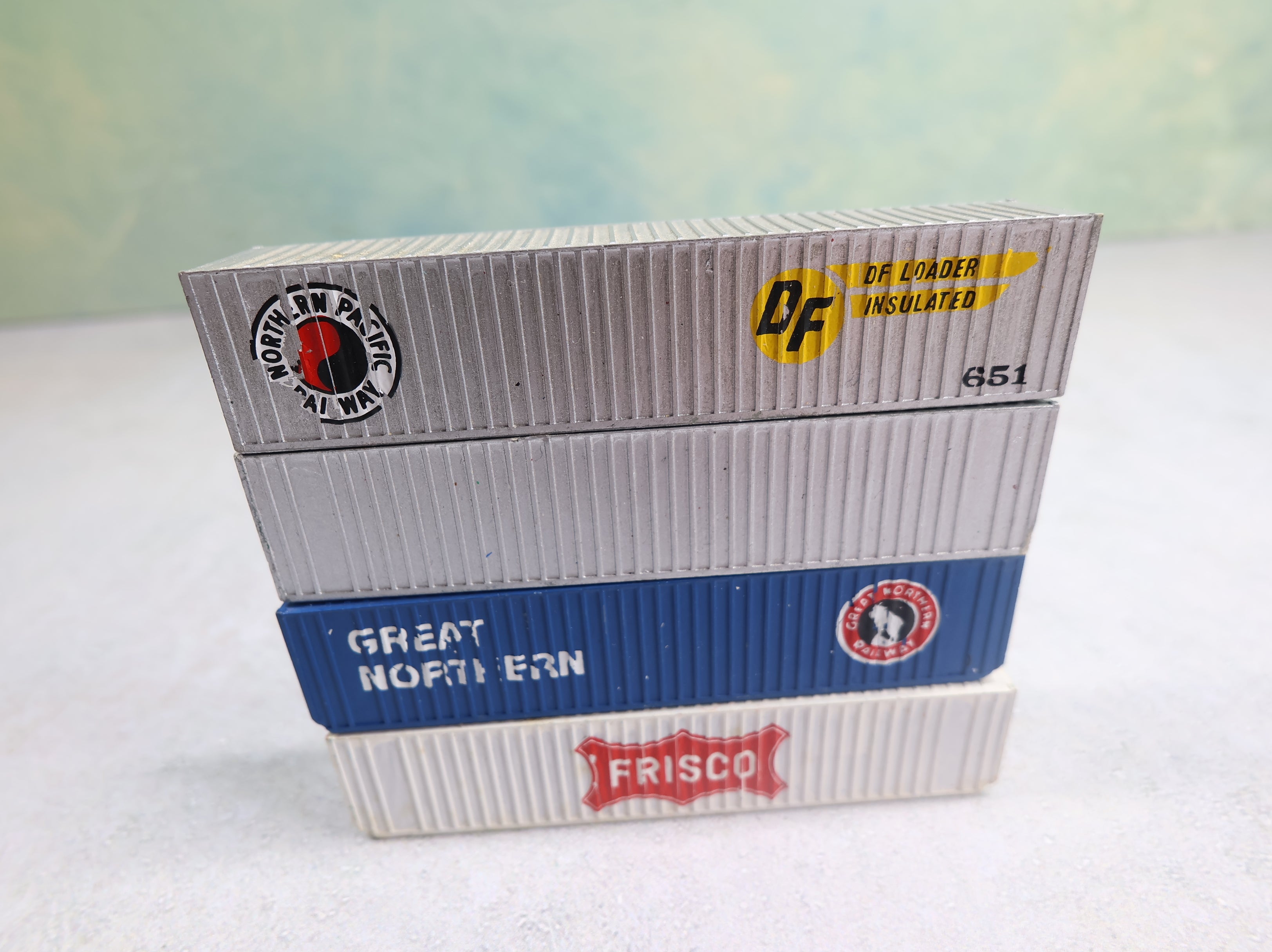 USED N Scale Lot of 3 Custom 40' Containers NP, GN, Frisco, Silver Undecorated (4 pcs)