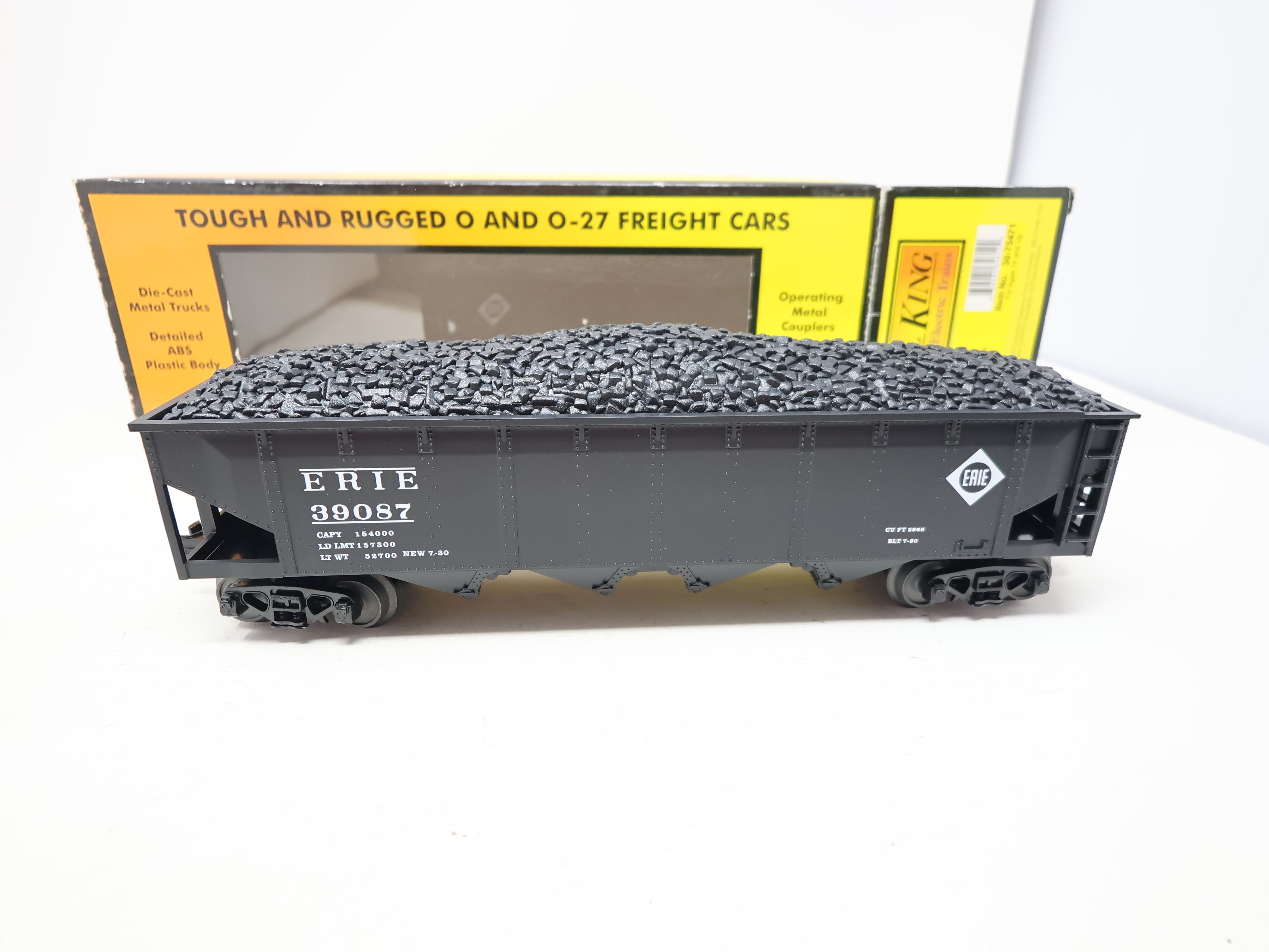 USED MTH Rail King 30-75471 O, 4 Bay Hopper w/ Coal, Erie #39087