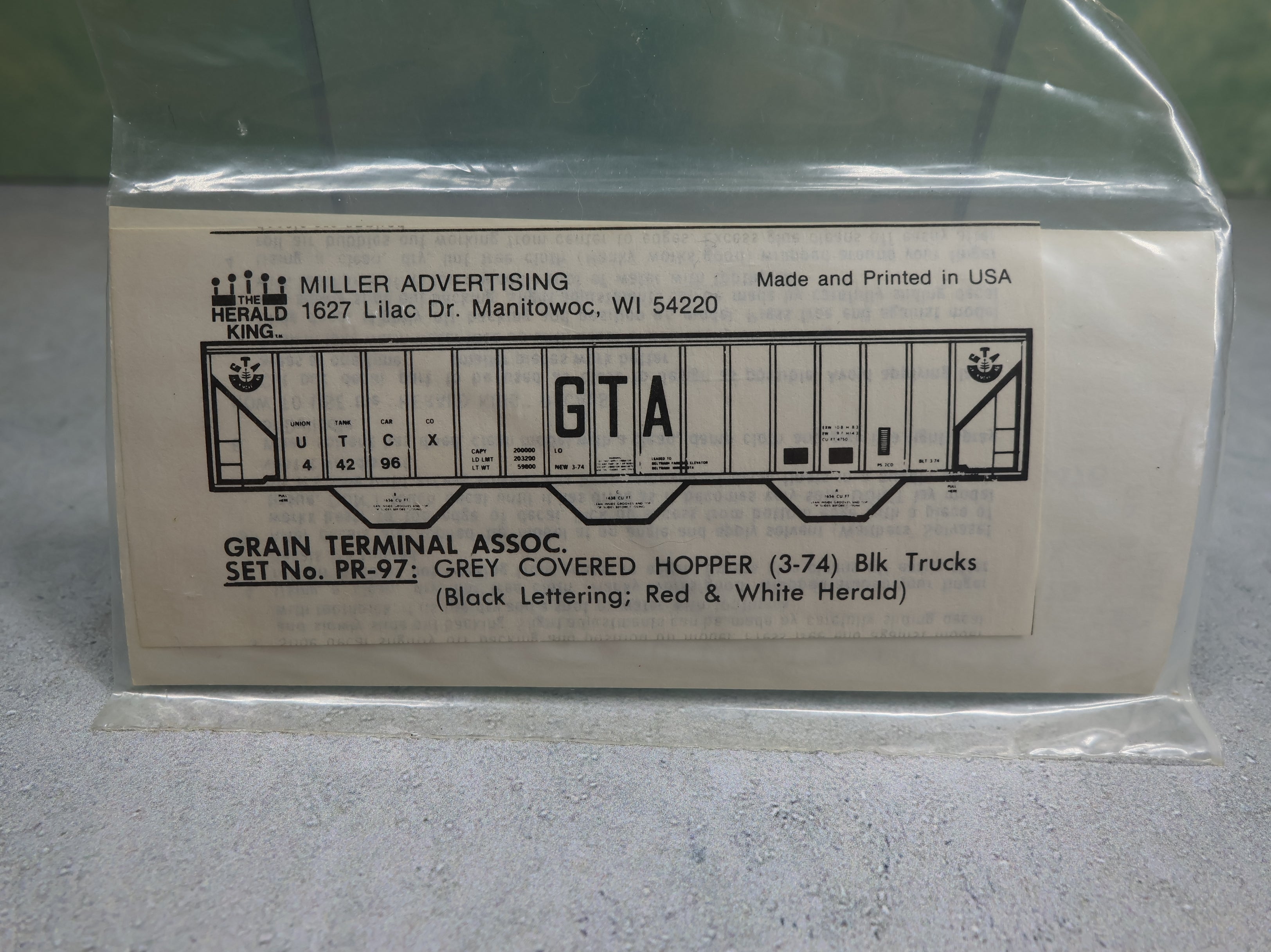 The Herald King PR97 HO Scale Grain Terminal Assoc. Grey Covered Hopper Decals