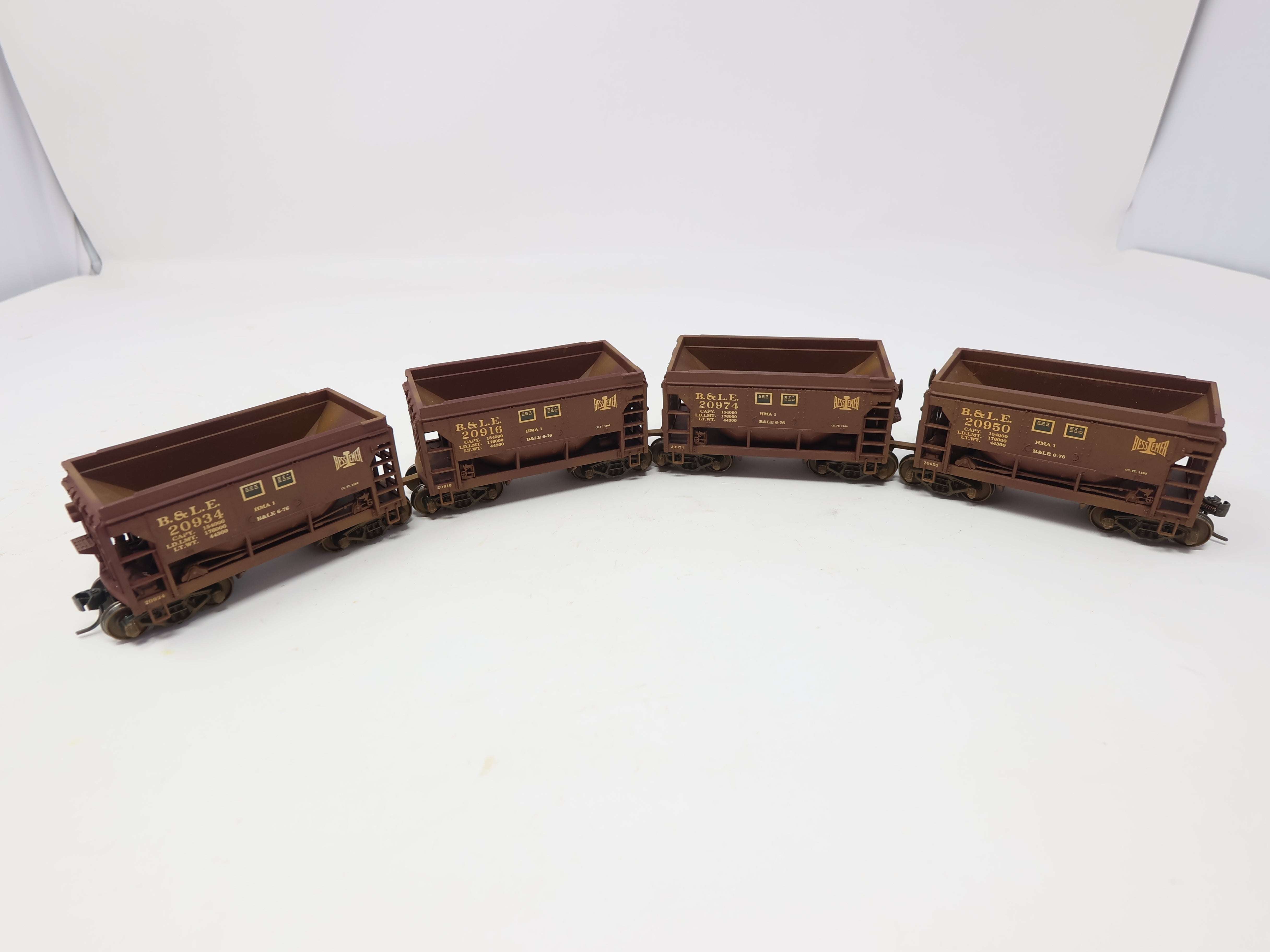 USED HO Scale, 4 Ore Cars, Bessemer & Lake Erie B&LE , Weathered Set 7