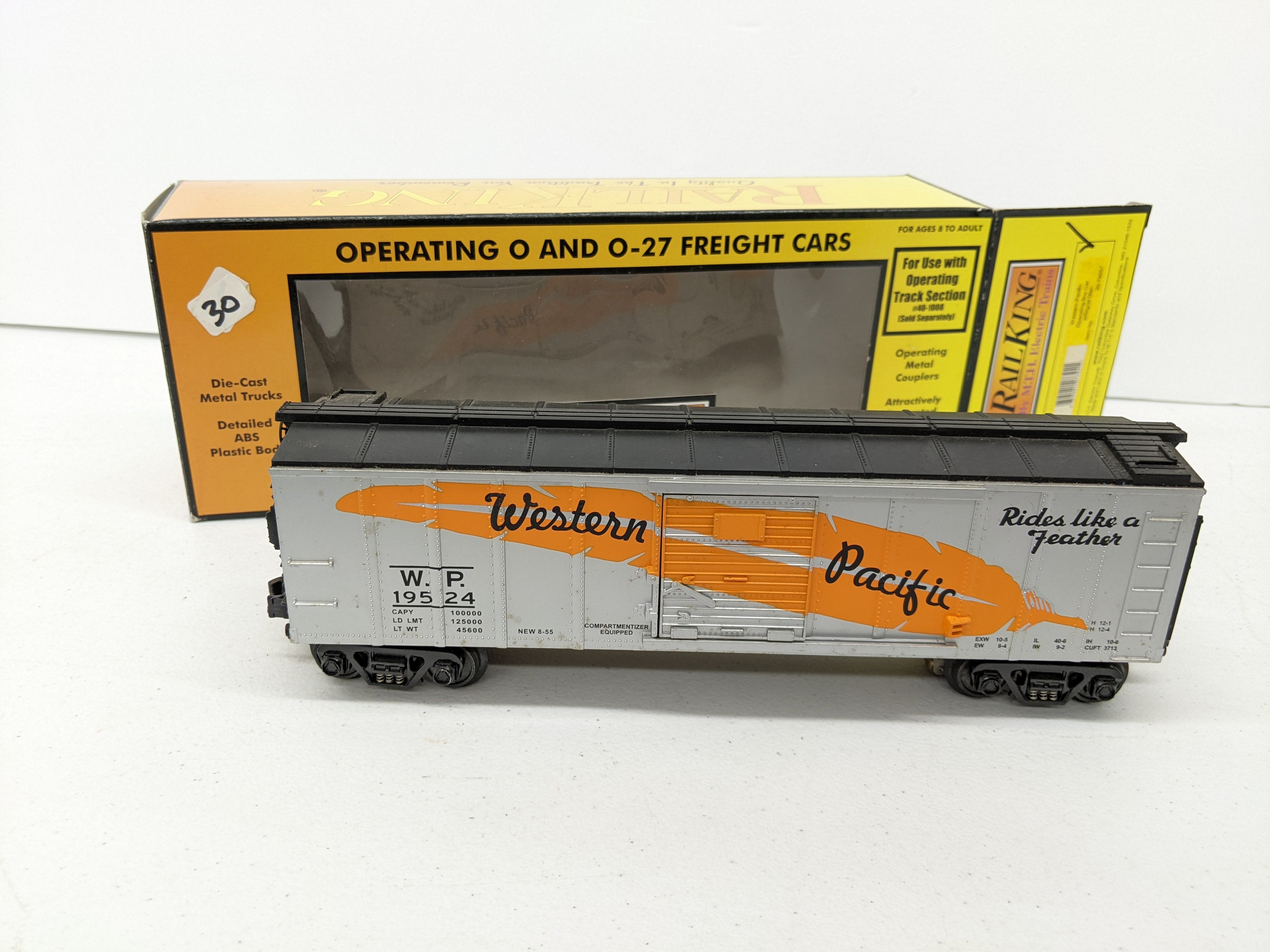 USED MTH Rail King 30-79057 O Scale, Operating Box Car with Signal Man, Western Pacific WP #19524