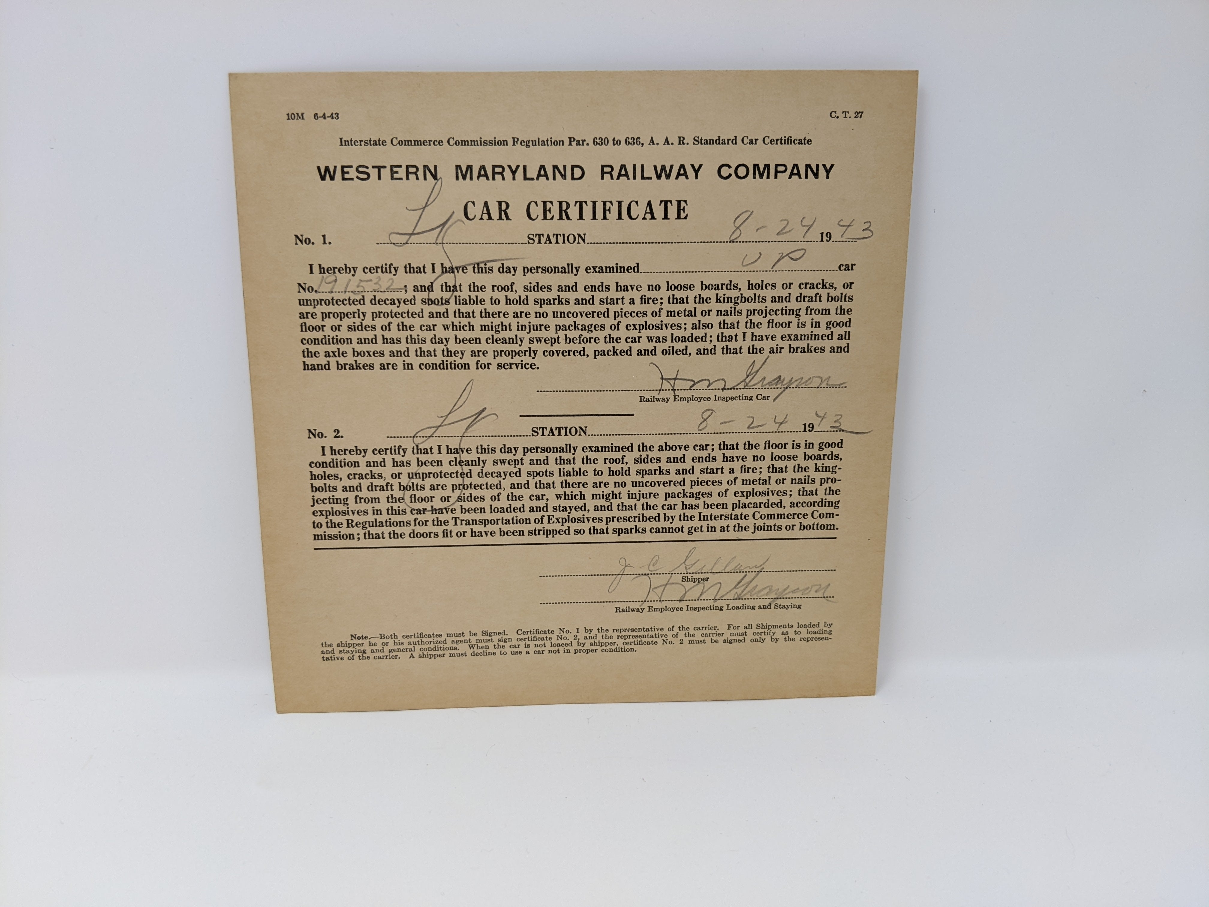 USED , Western Maryland Railway Company Car Certificate, Union Pacific UP #191532, 1943