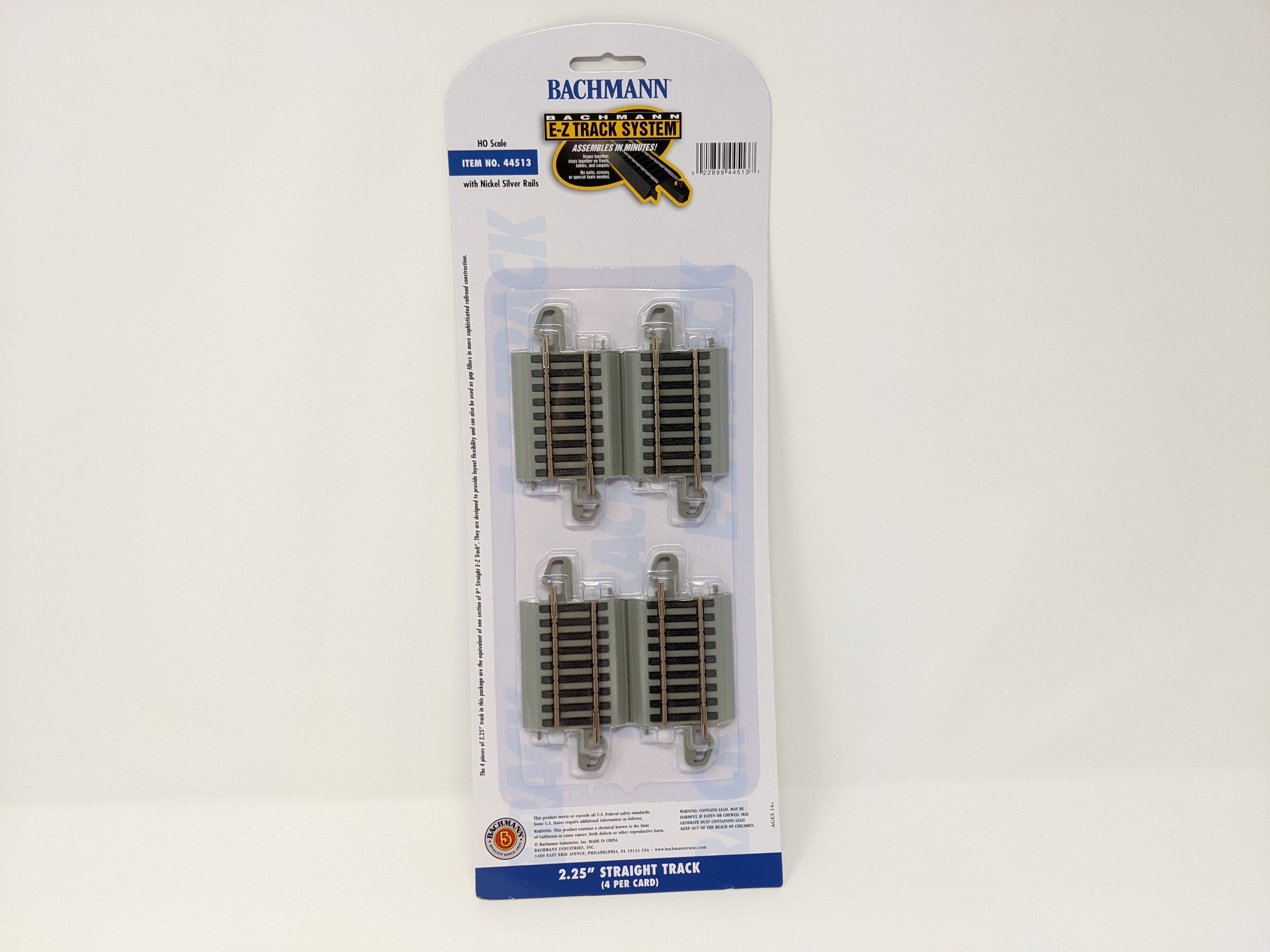 Bachmann 44513 HO Scale, E-Z Track 2.25'' Straight Track w/ Nickel Silver and Gray Roadbed, Pack of 4