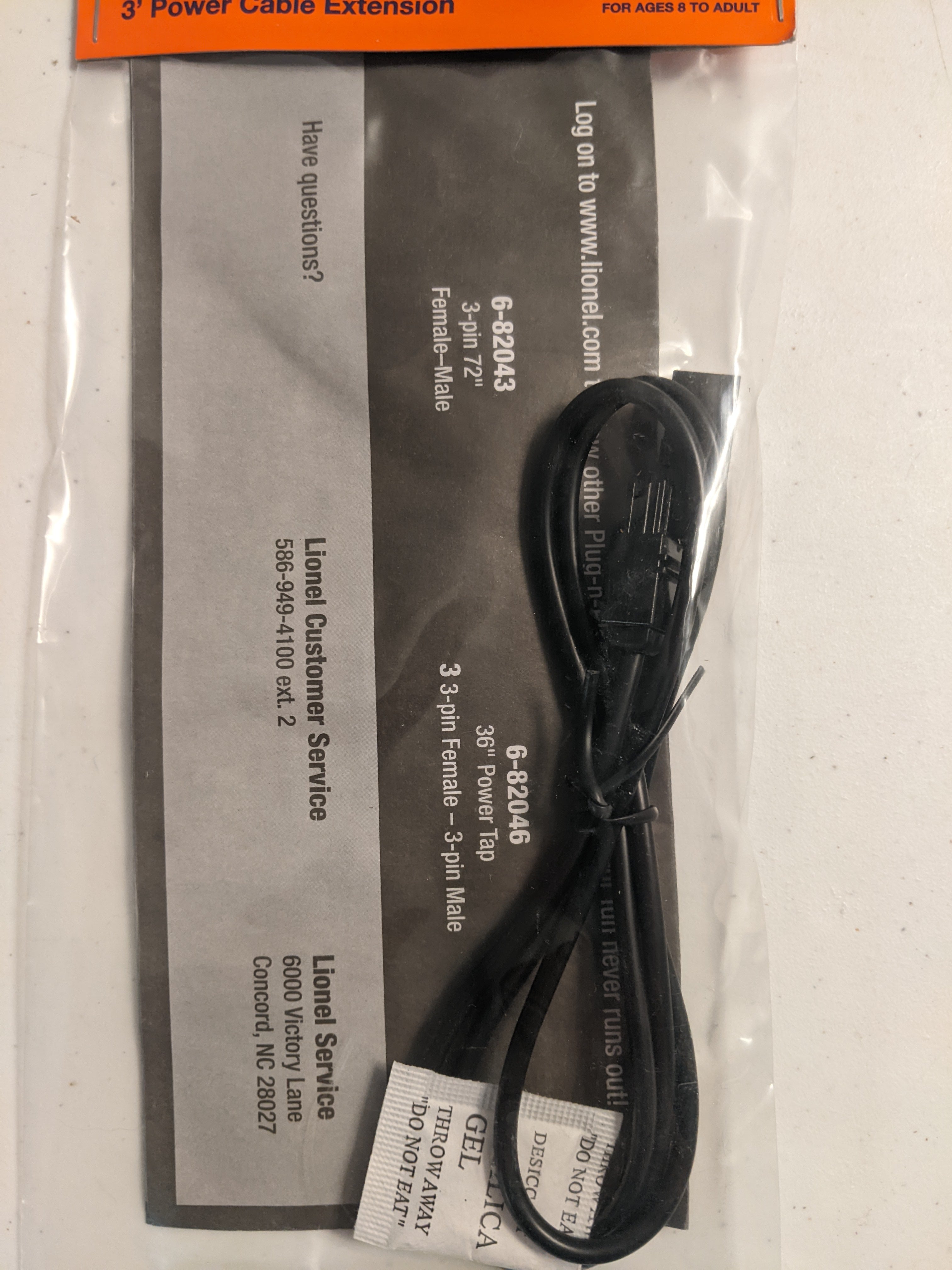 Lionel 6-82918 O, 3' Power Cable Extension (3-pin M/f) Plug Expand N Play