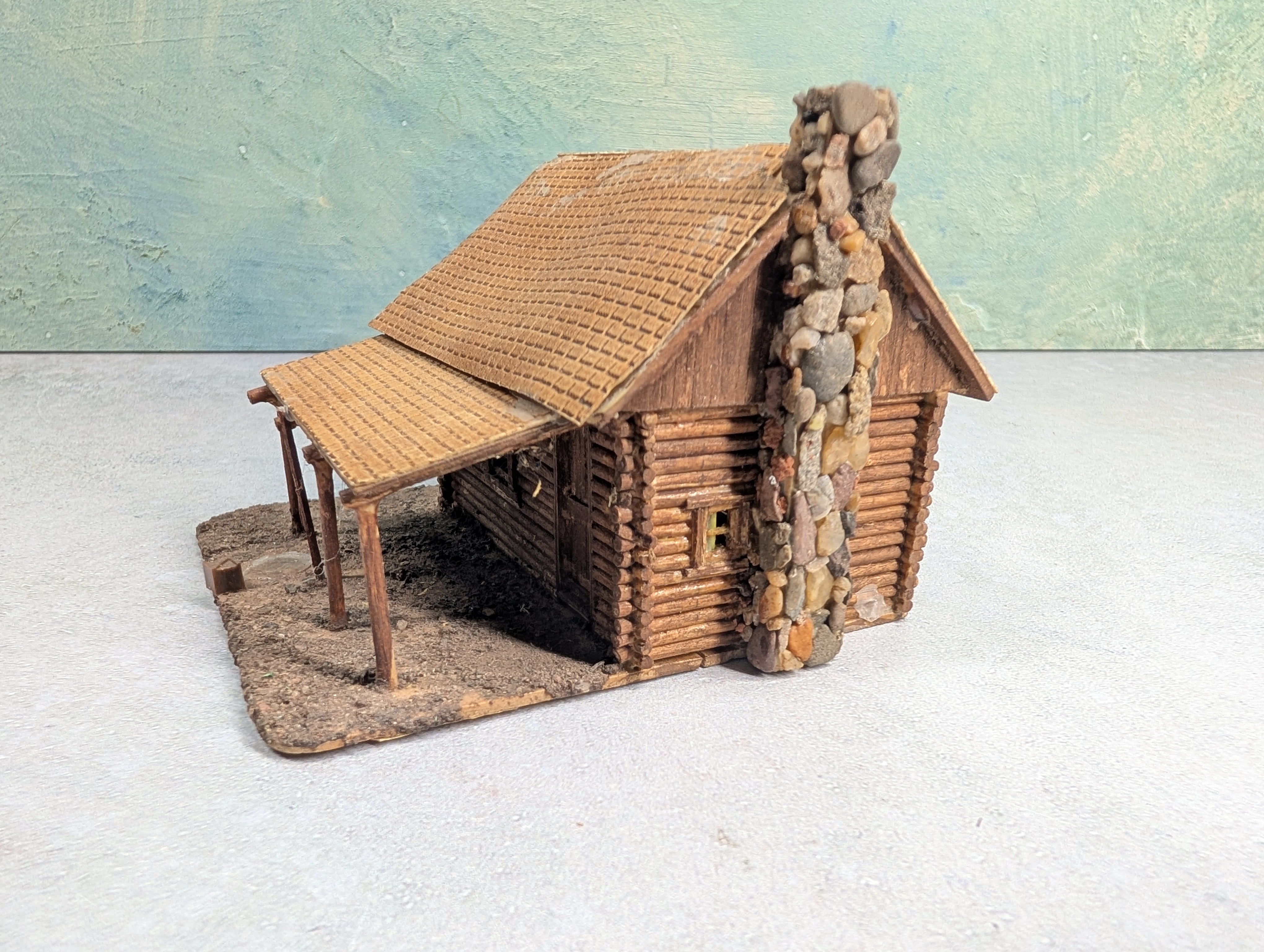 USED HO Scale Scratch Built Cabin w/ Stone Chimney