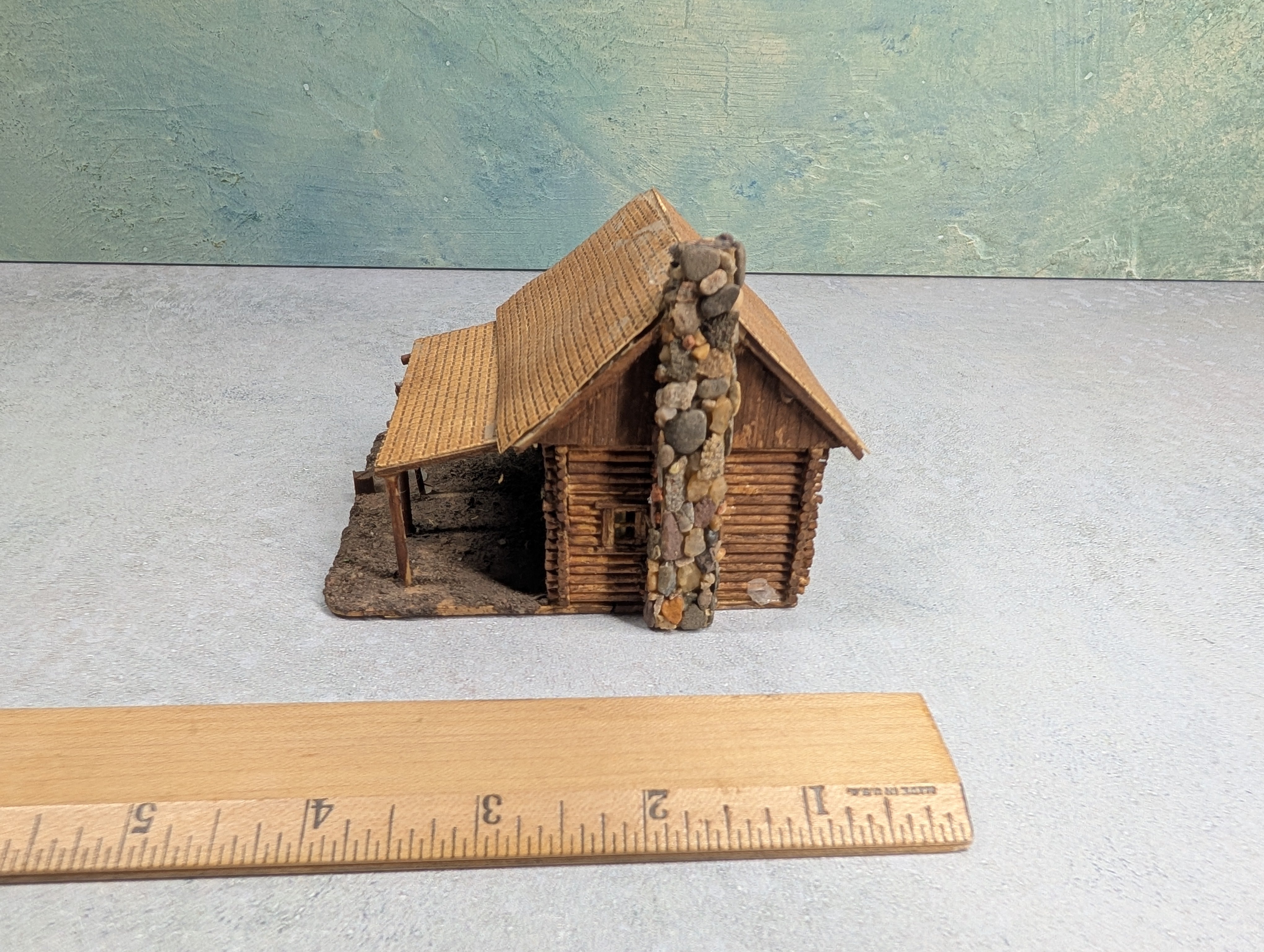 USED HO Scale Scratch Built Cabin w/ Stone Chimney