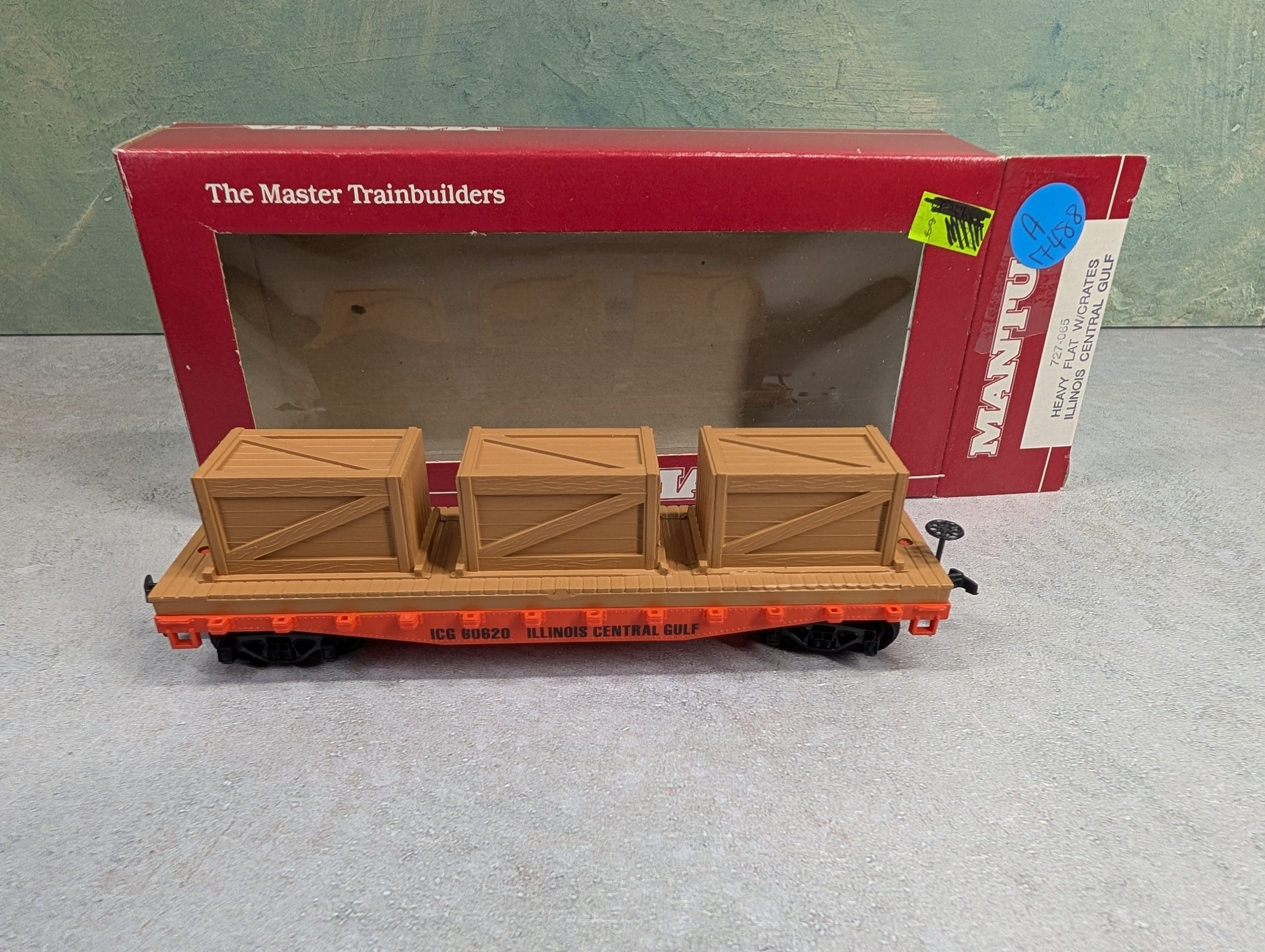 USED Mantua 727-065 HO Scale Heavy Flat Car w/ Crates Illinois Central Gulf ICG #60620