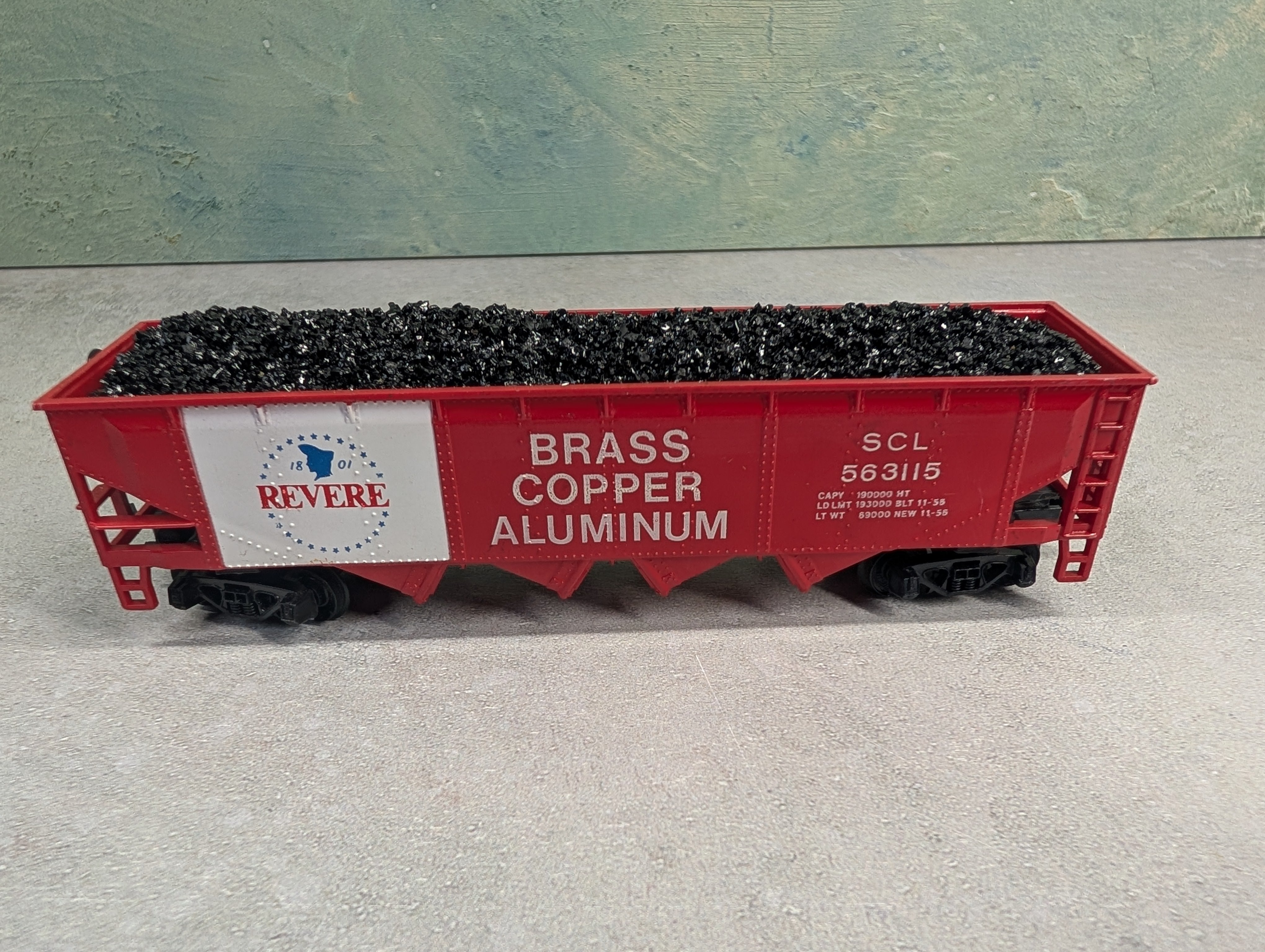 USED Tyco HO Scale Quad Hopper Revere SCL #563115 w/ Load, Brass Copper Aluminum