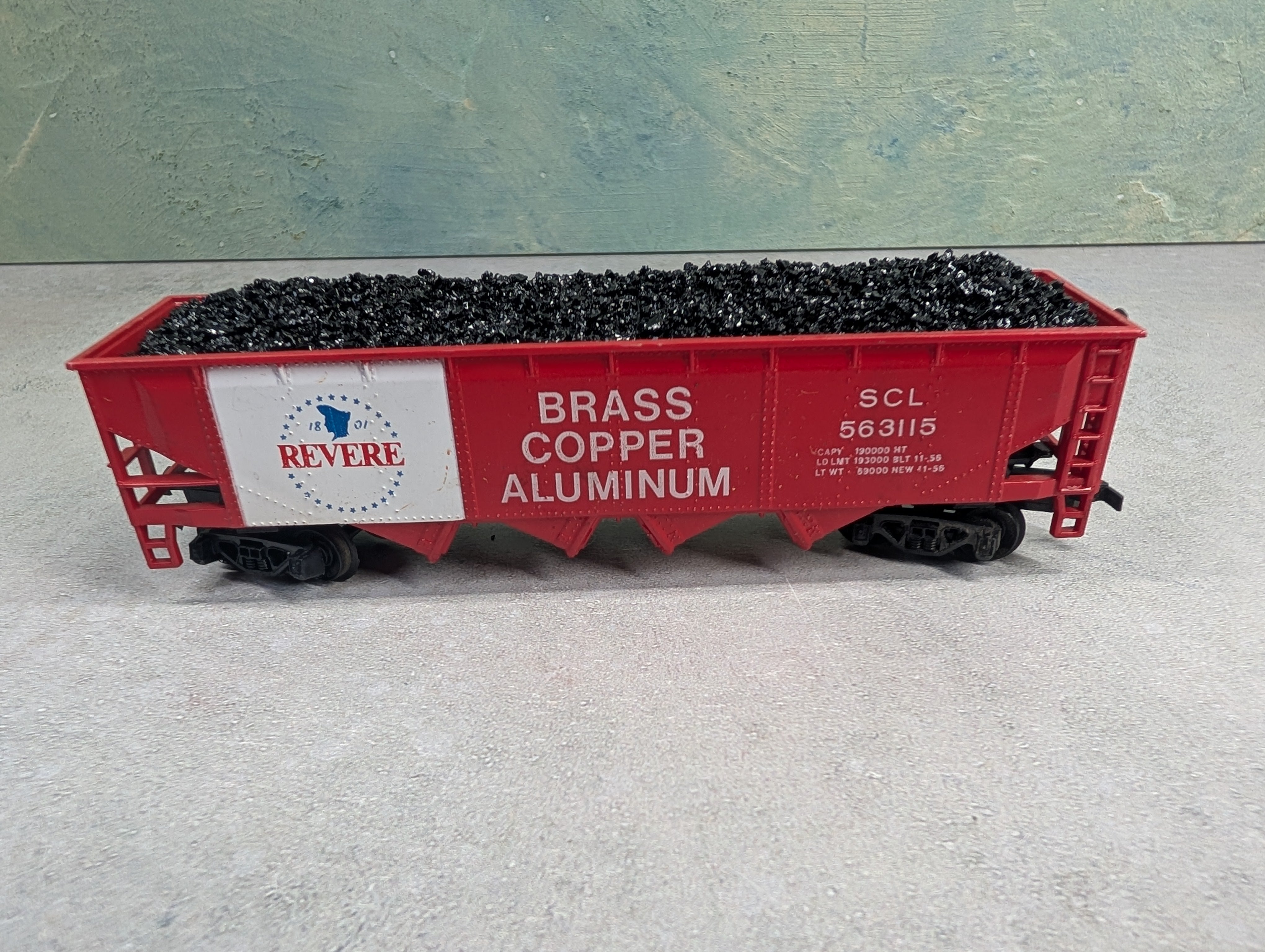USED Tyco HO Scale Quad Hopper Revere SCL #563115 w/ Load, Brass Copper Aluminum