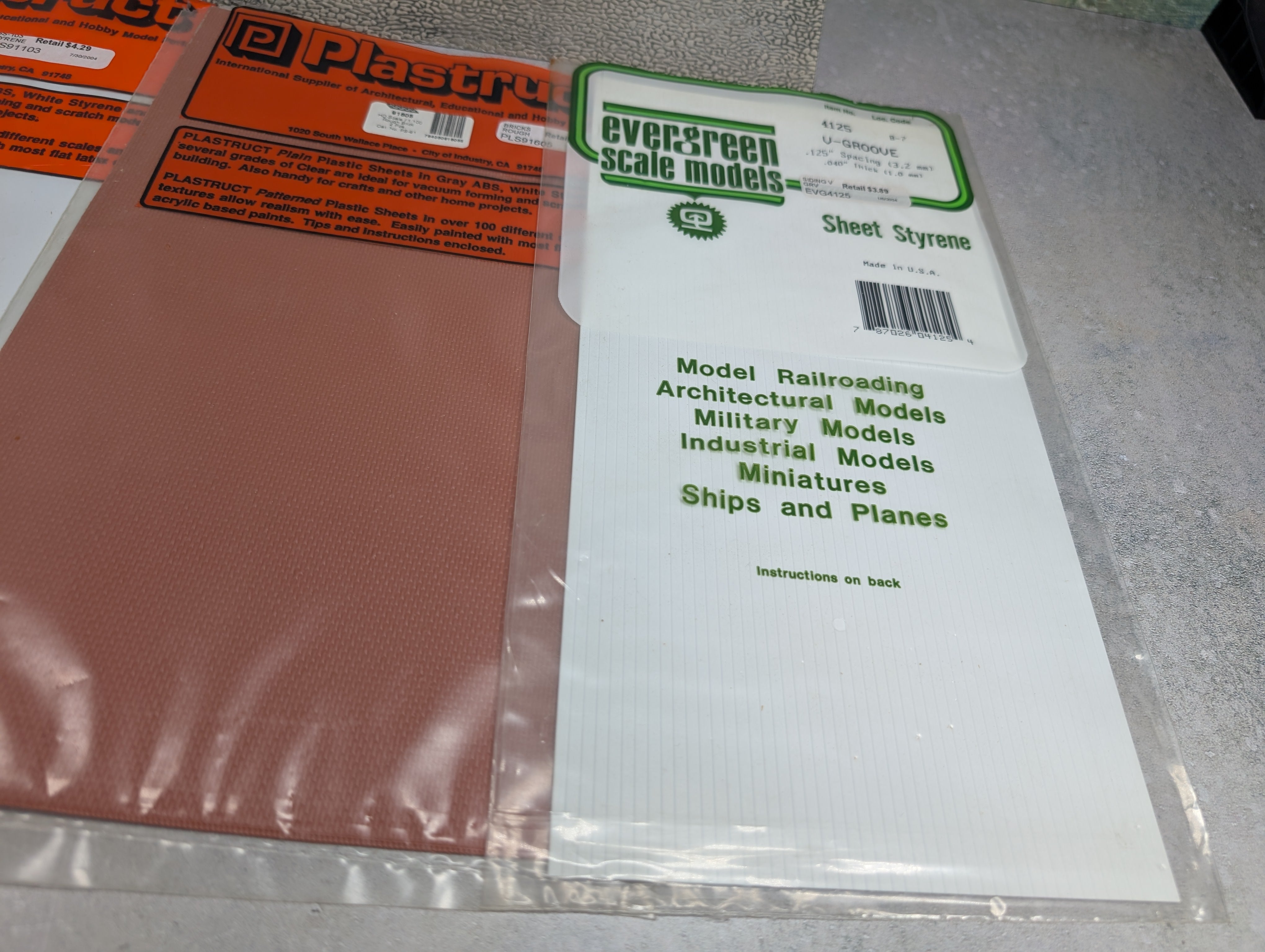 USED Plastruct Multi Scale Lot of Opened Packs of Styrene, Ribbed Roof, Brick, White Sheets