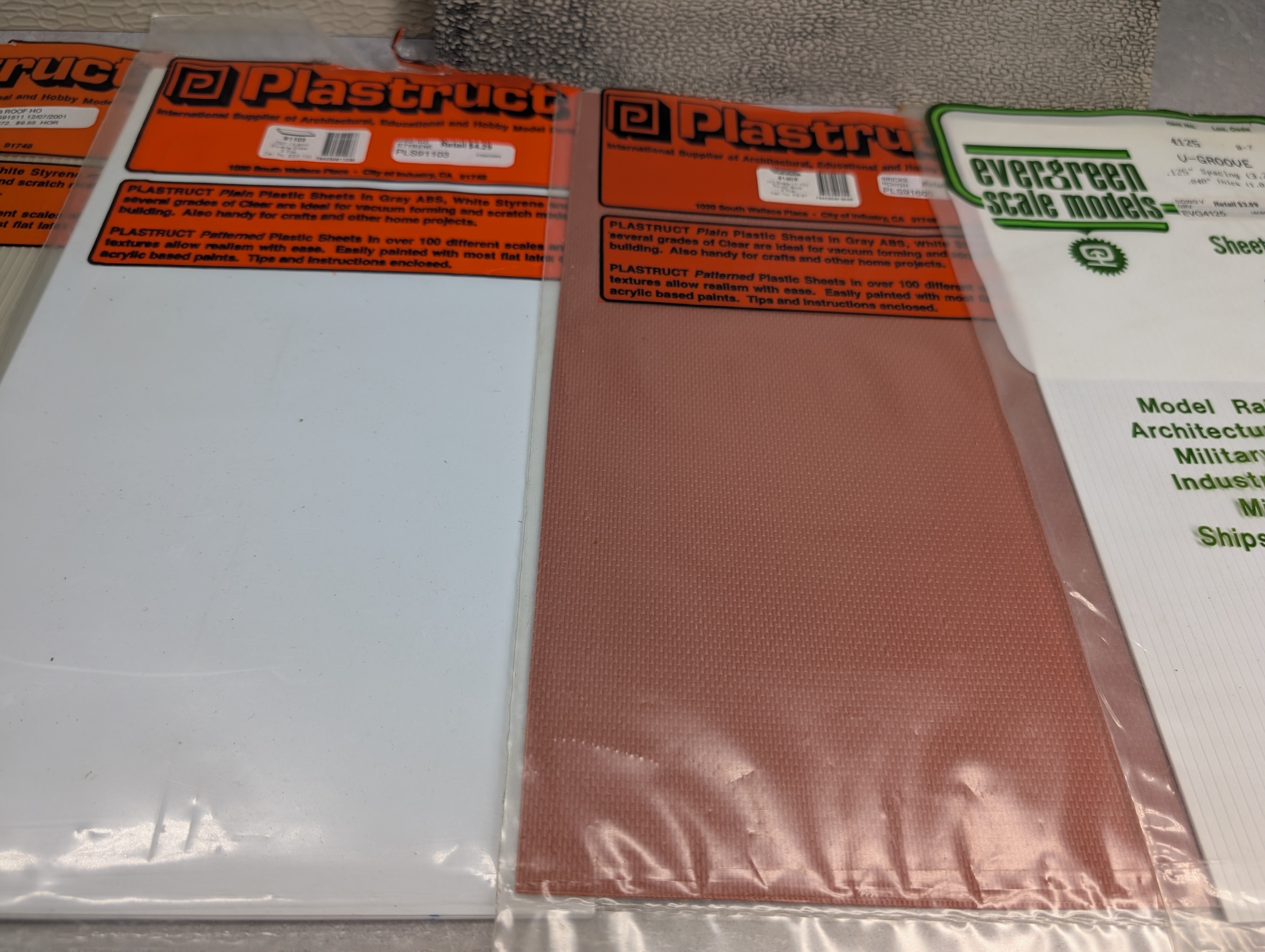 USED Plastruct Multi Scale Lot of Opened Packs of Styrene, Ribbed Roof, Brick, White Sheets