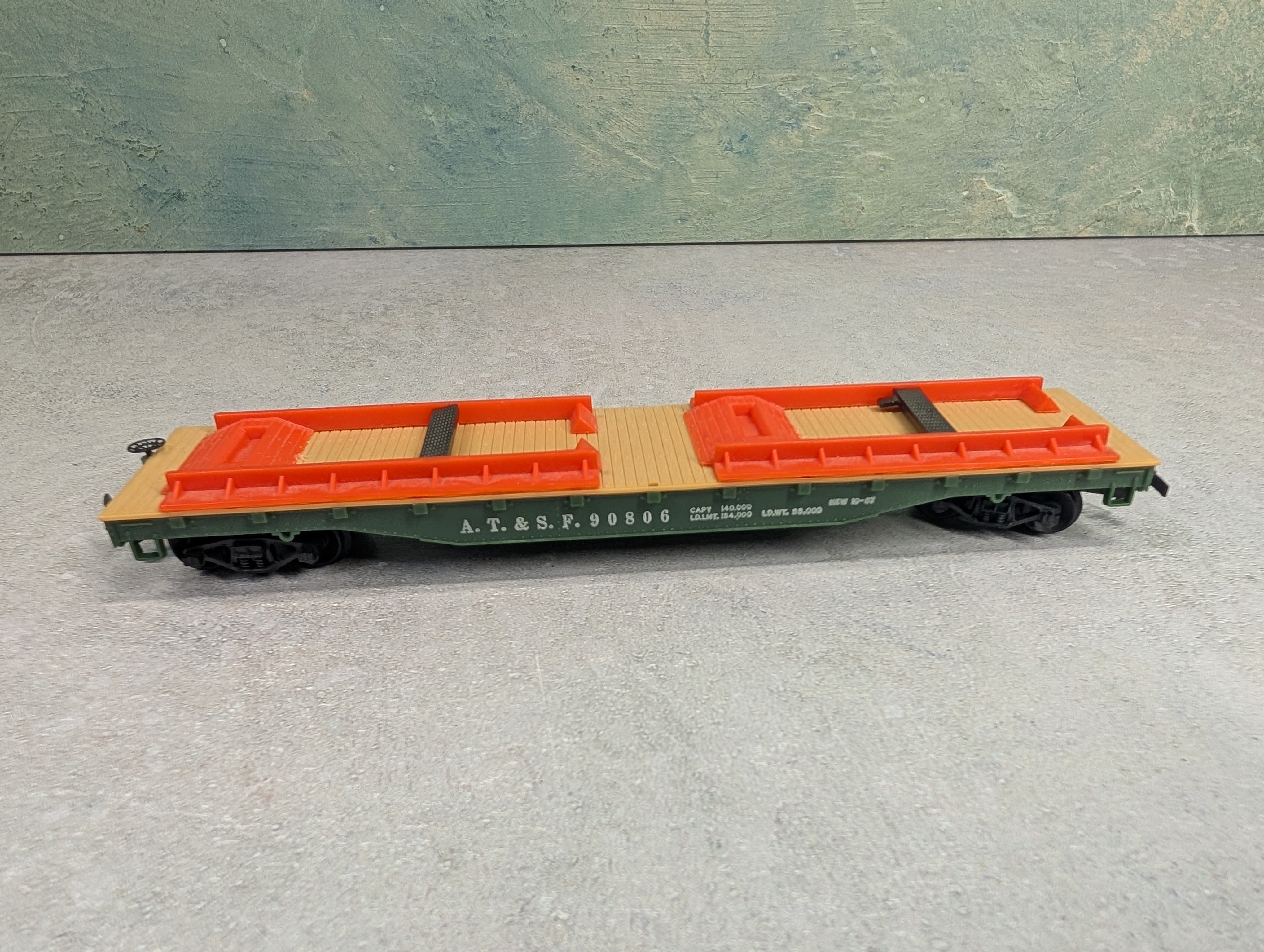 USED Tyco HO Scale 50' Flat Car Santa Fe ATSF #90806 w/ Int Forwarding Trailers