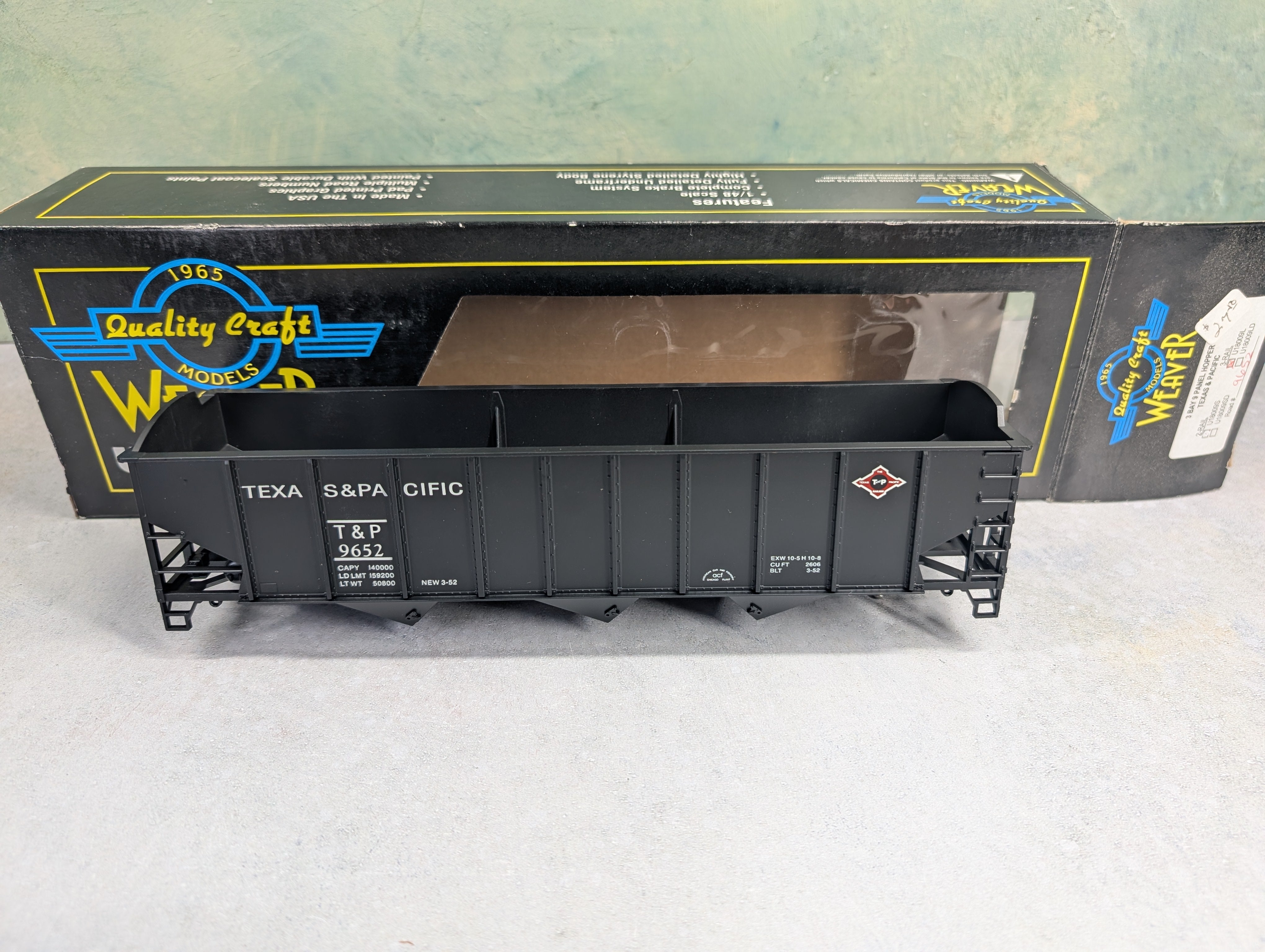 USED Weaver U18009L O 3 Bay 9 Panel Hopper Texas and Pacific T&P #9652 3 Rail, No Trucks/Couplers