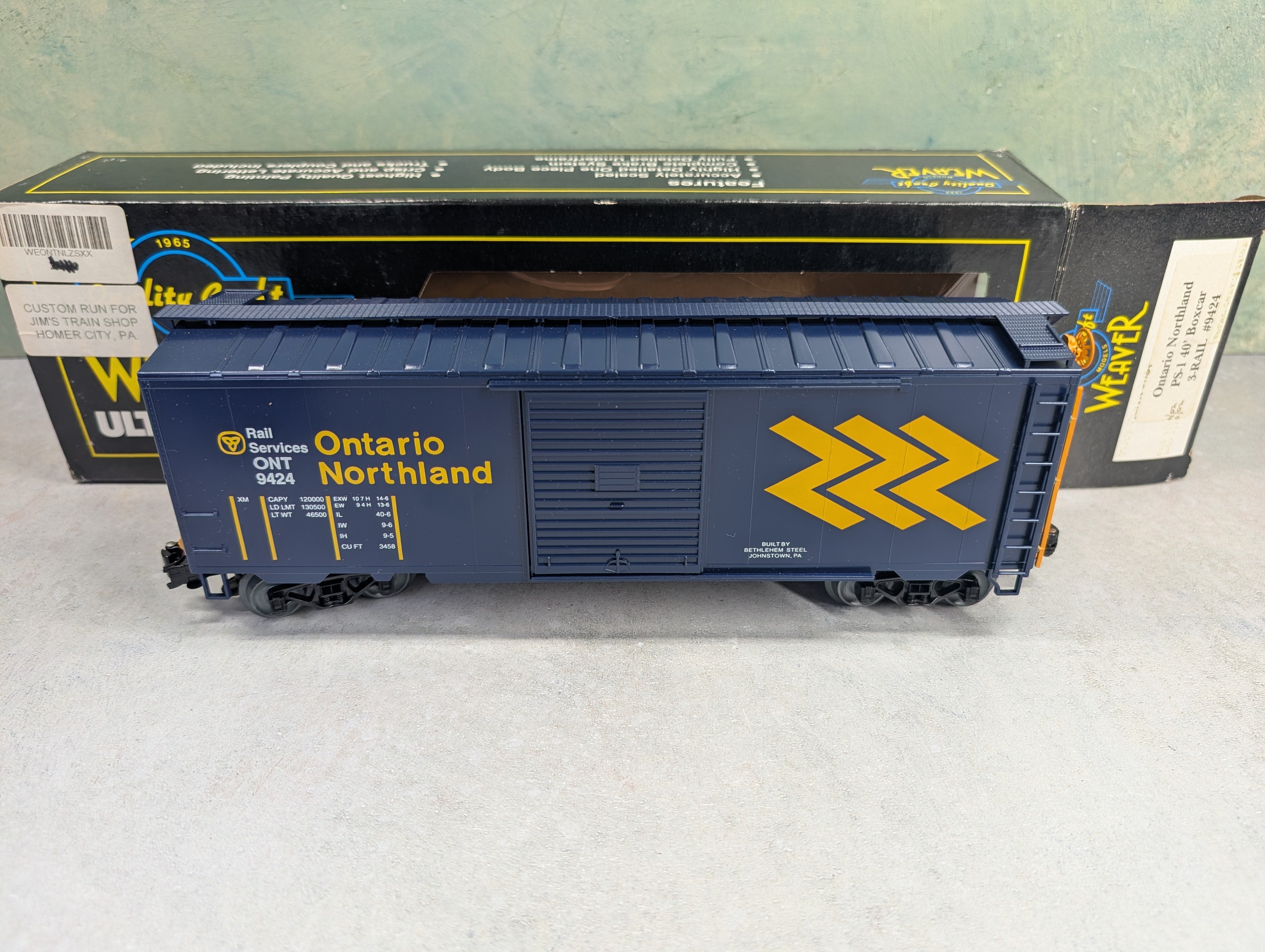 USED Weaver O 40' PS-1 Box Car Ontario Northland ONT #9424 3 Rail Custom Car