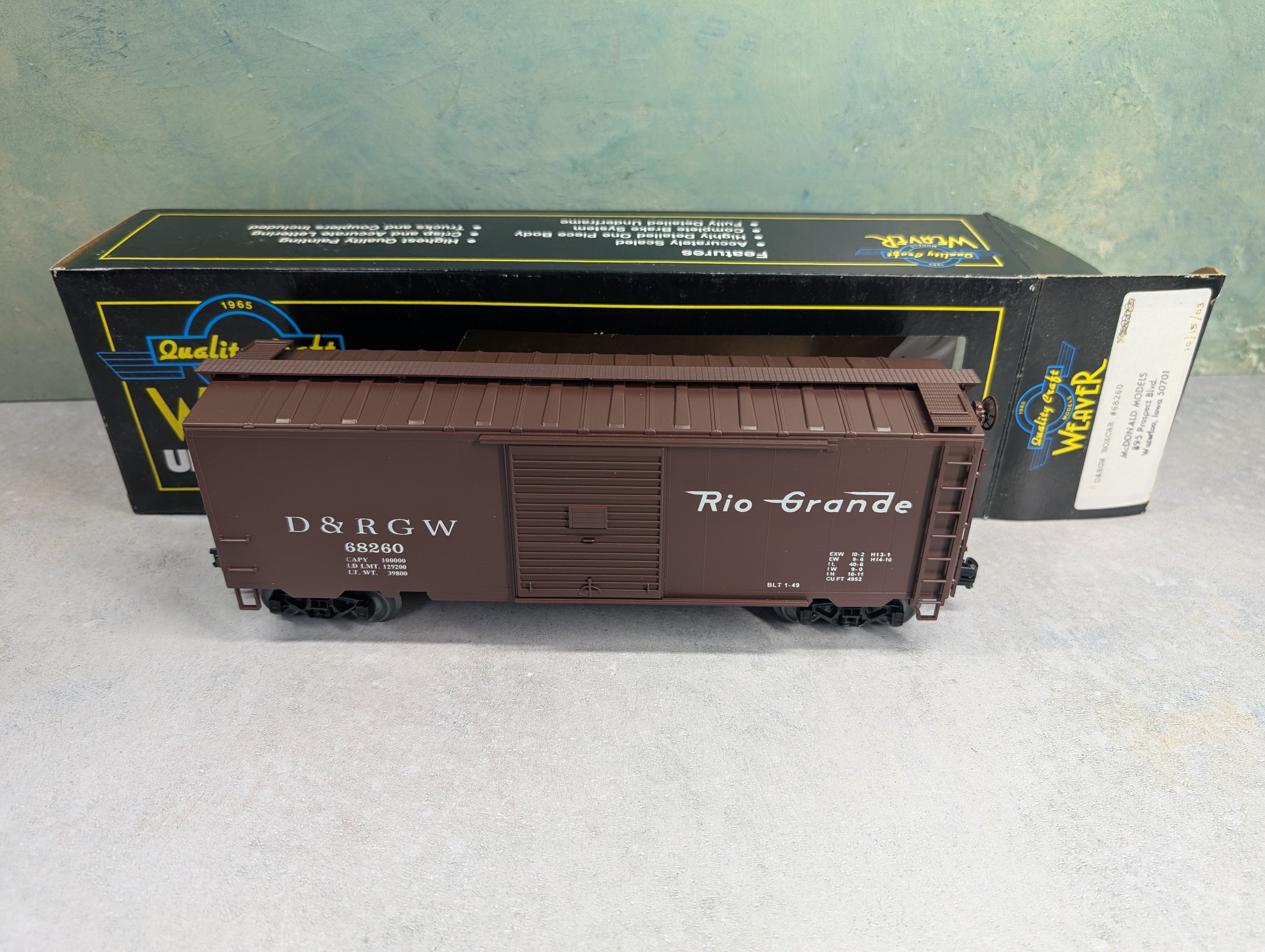 USED Weaver O 40' Box Car Rio Grande D&RGW #68260 3 Rail Custom Car