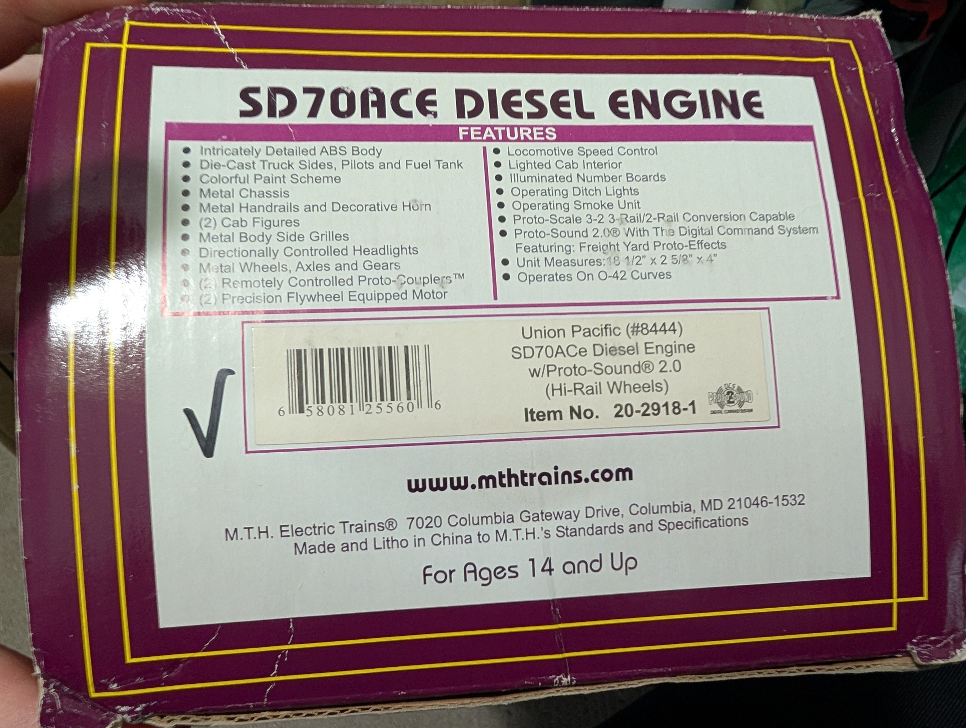 USED MTH Premier 20-2918-1 O SD70ACe Diesel Locomotive Union Pacific #8444 Tested, 3 Rail Proto-Sound 2.0