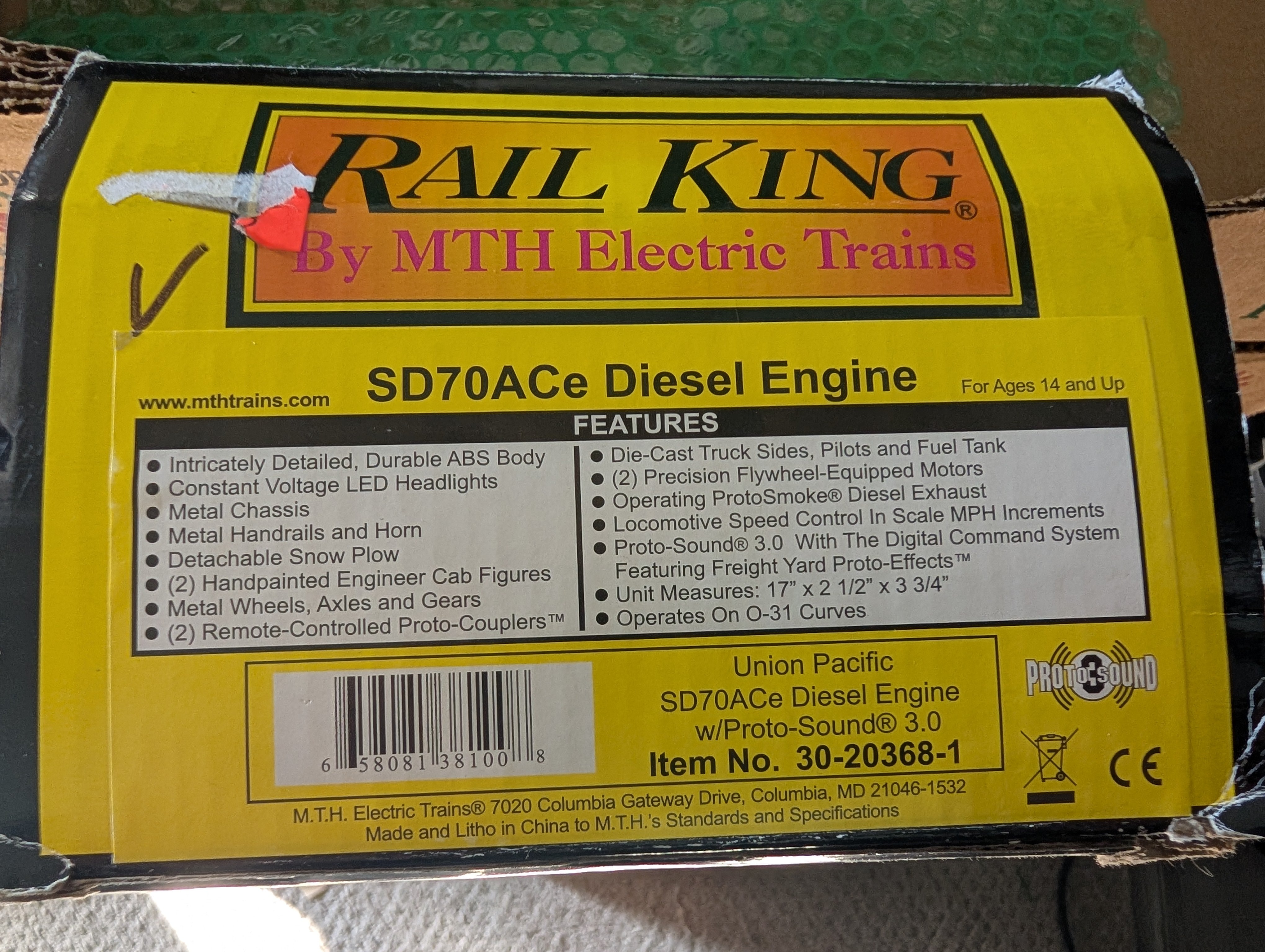 USED MTH Rail King 30-20368-1 O SD70ACe Diesel Locomotive Union Pacific #8355 Runs Great Proto-Sound 3.0