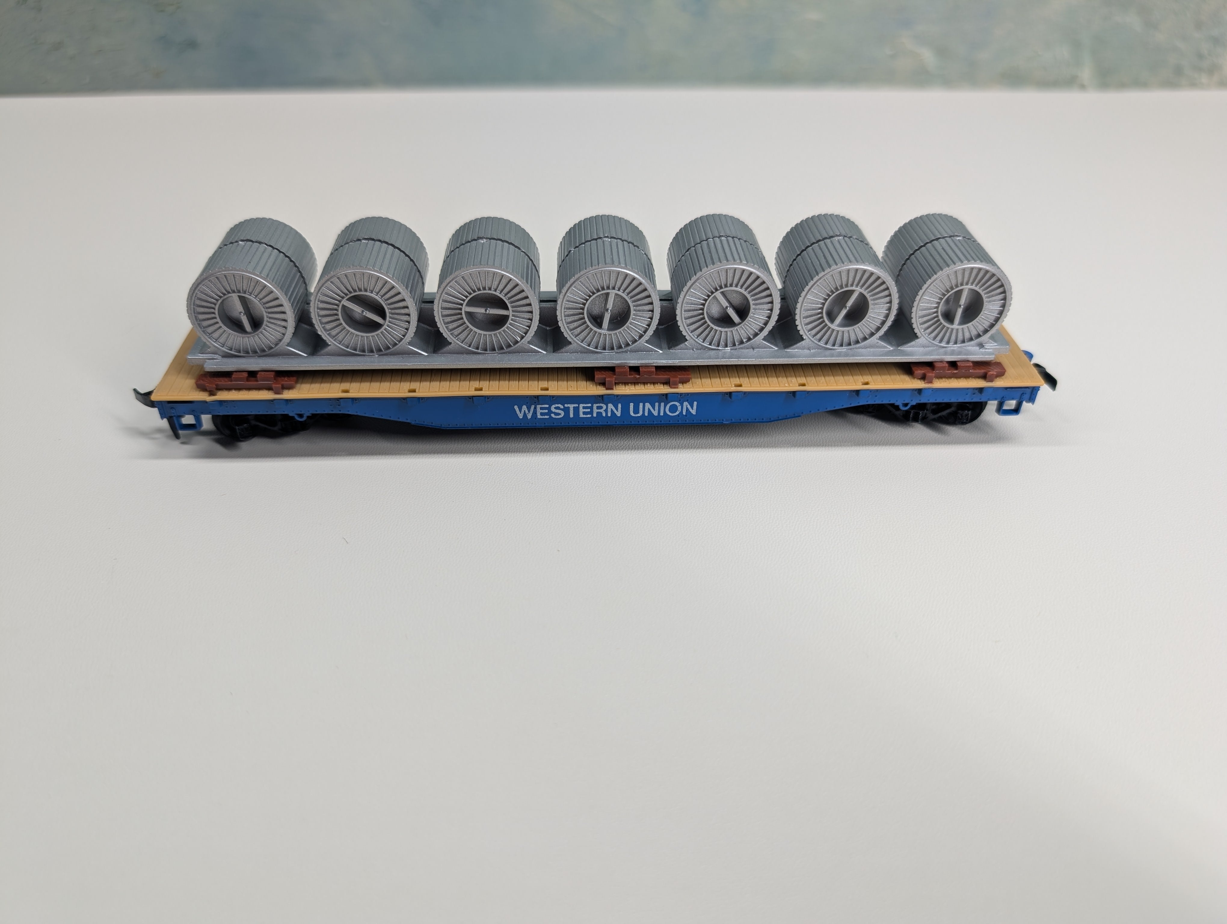USED Tyco HO Scale 50' Flat Car Western Union w/ Coil Load