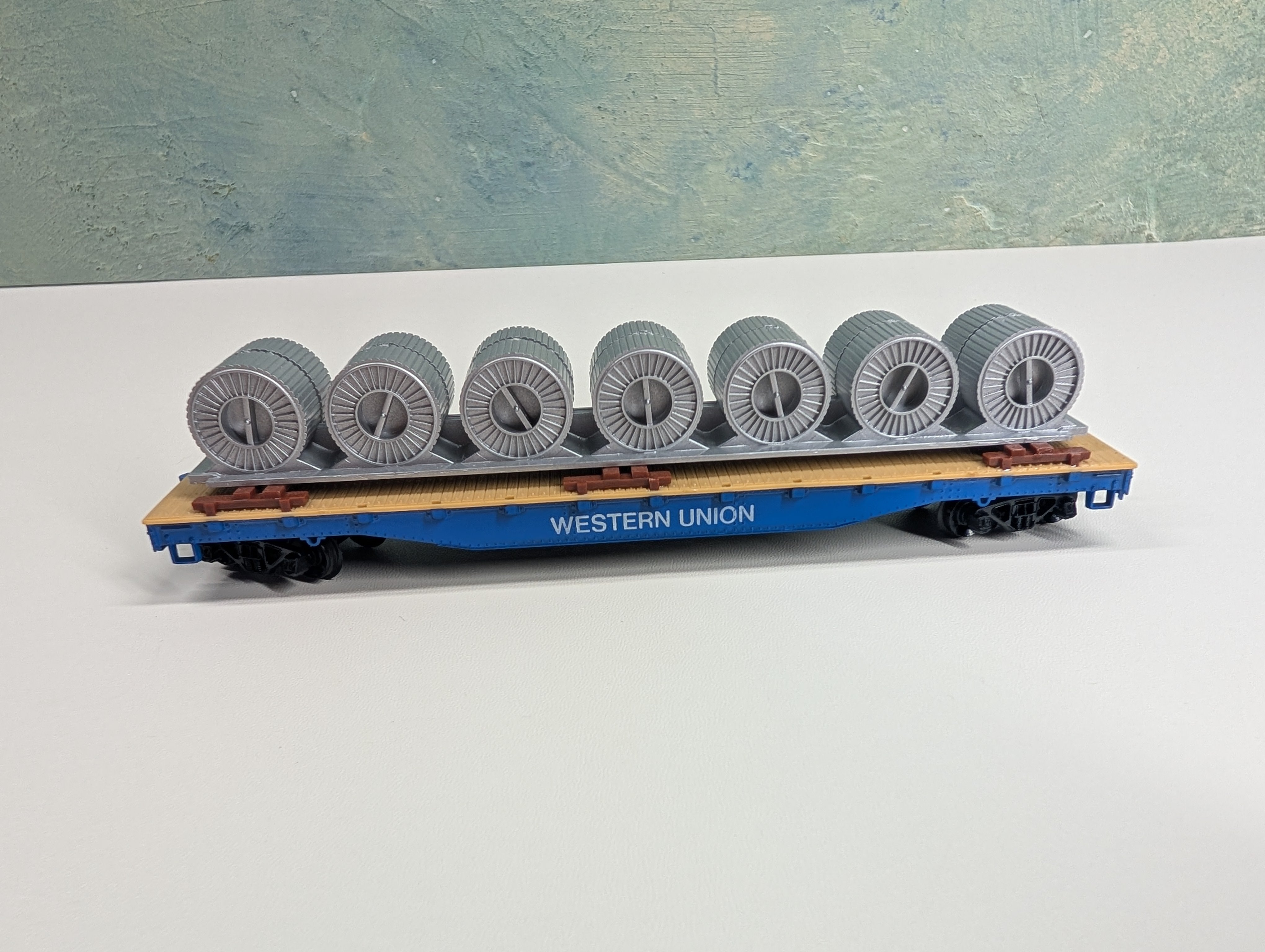 USED Tyco HO Scale 50' Flat Car Western Union w/ Coil Load