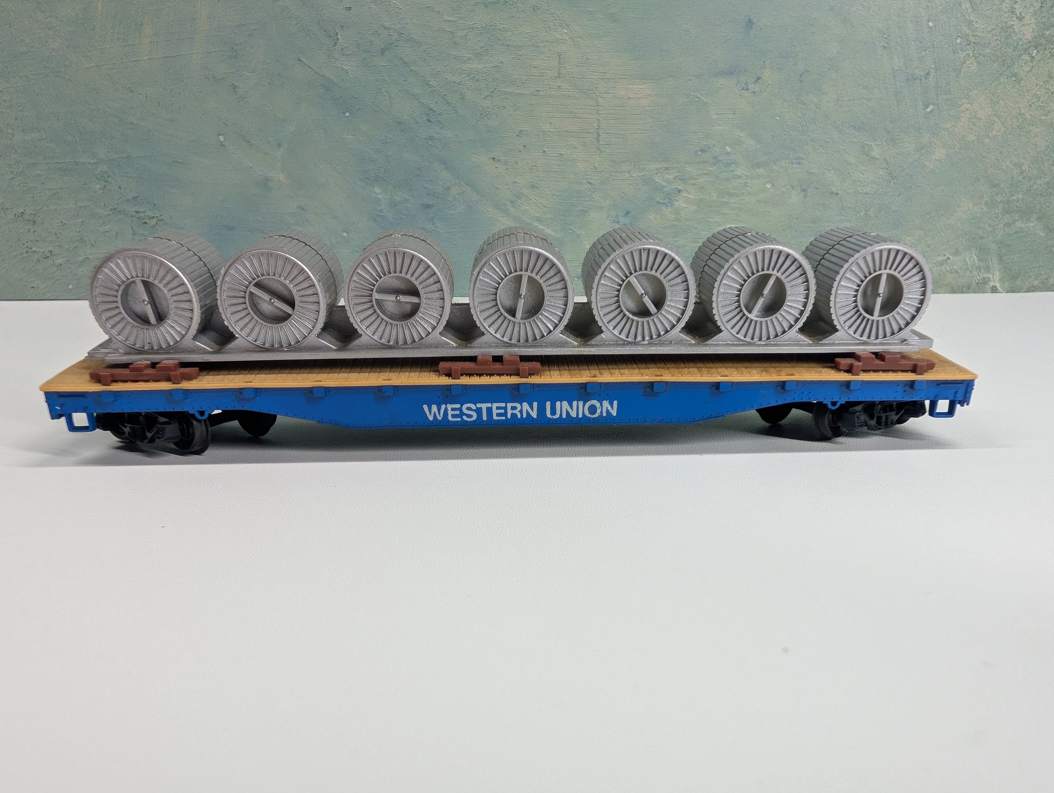 USED Tyco HO Scale 50' Flat Car Western Union w/ Coil Load