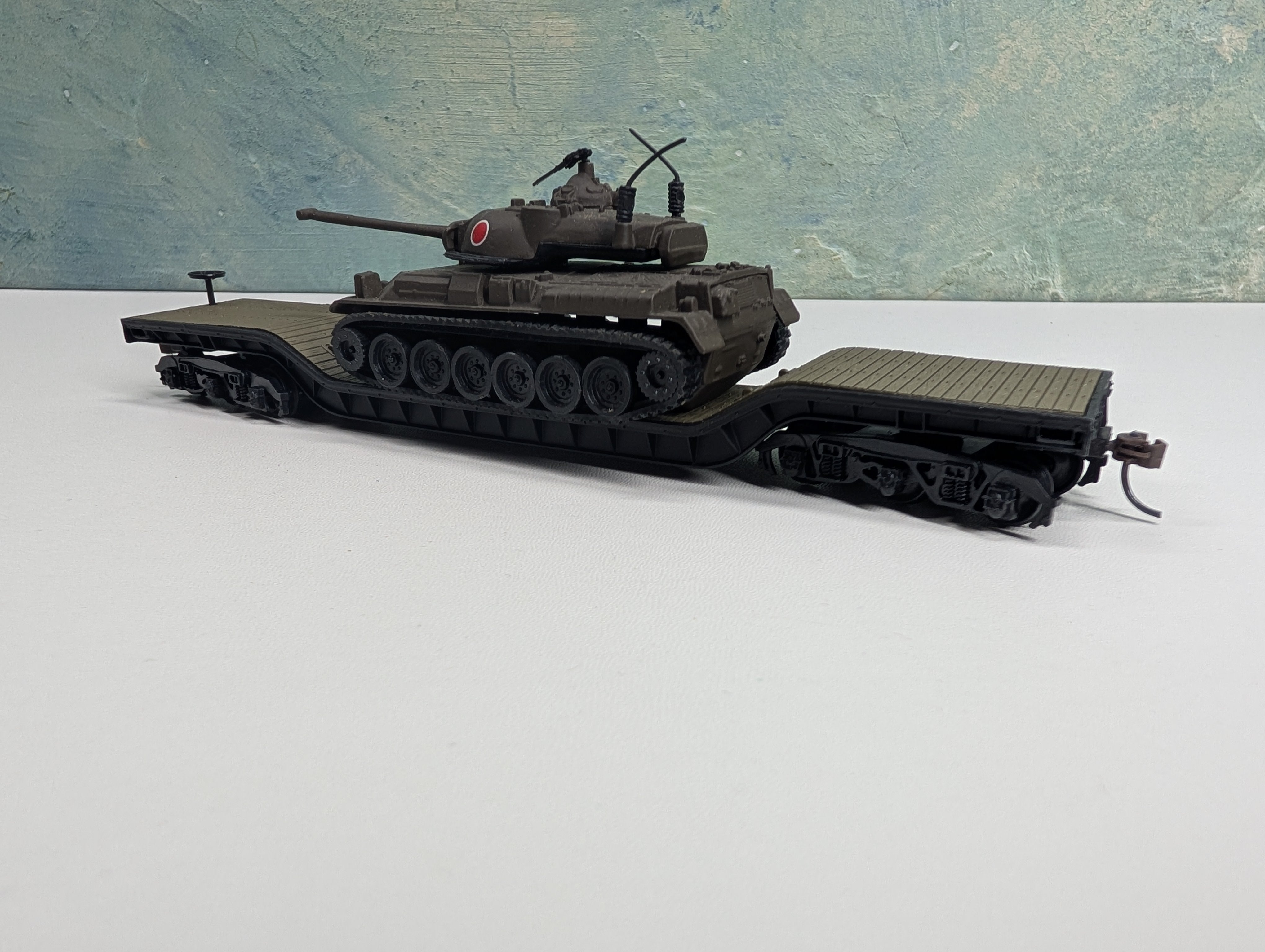 USED Bachmann HO Scale Center Depressed Flat Car w/ Army Tank Car Load