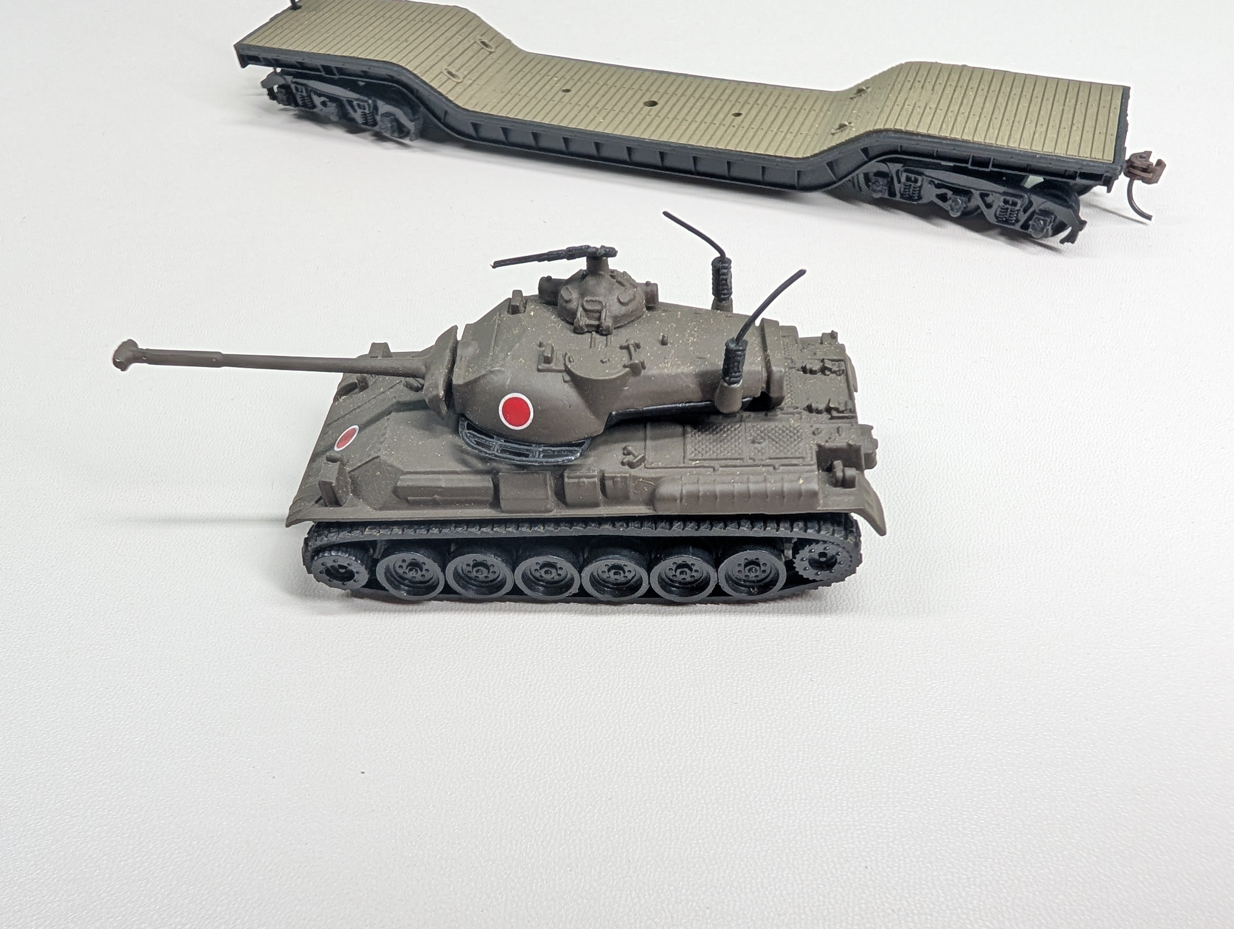 USED Bachmann HO Scale Center Depressed Flat Car w/ Army Tank Car Load