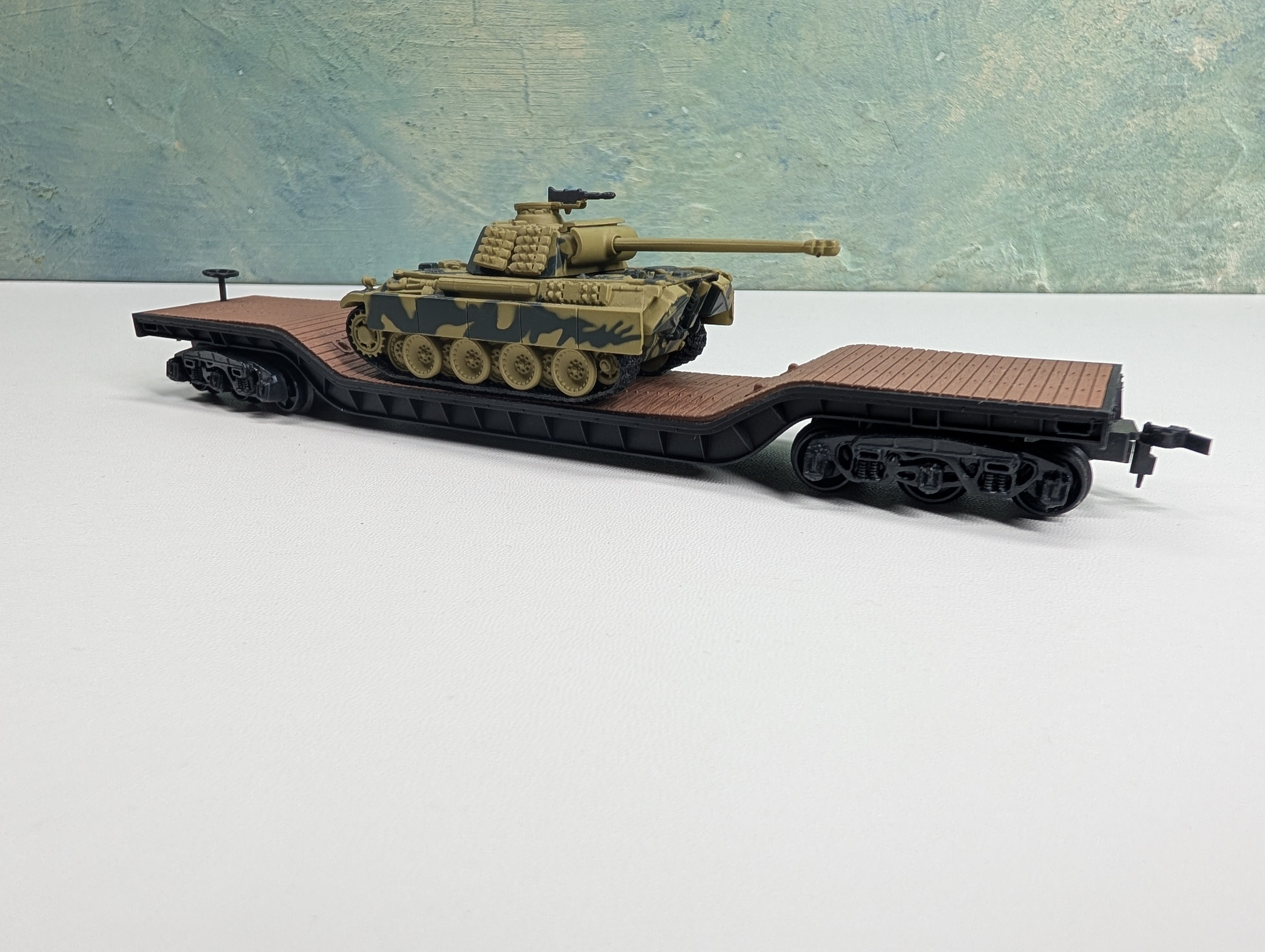 USED Bachmann HO Scale Center Depressed Flat Car w/ Army Tank Car Load