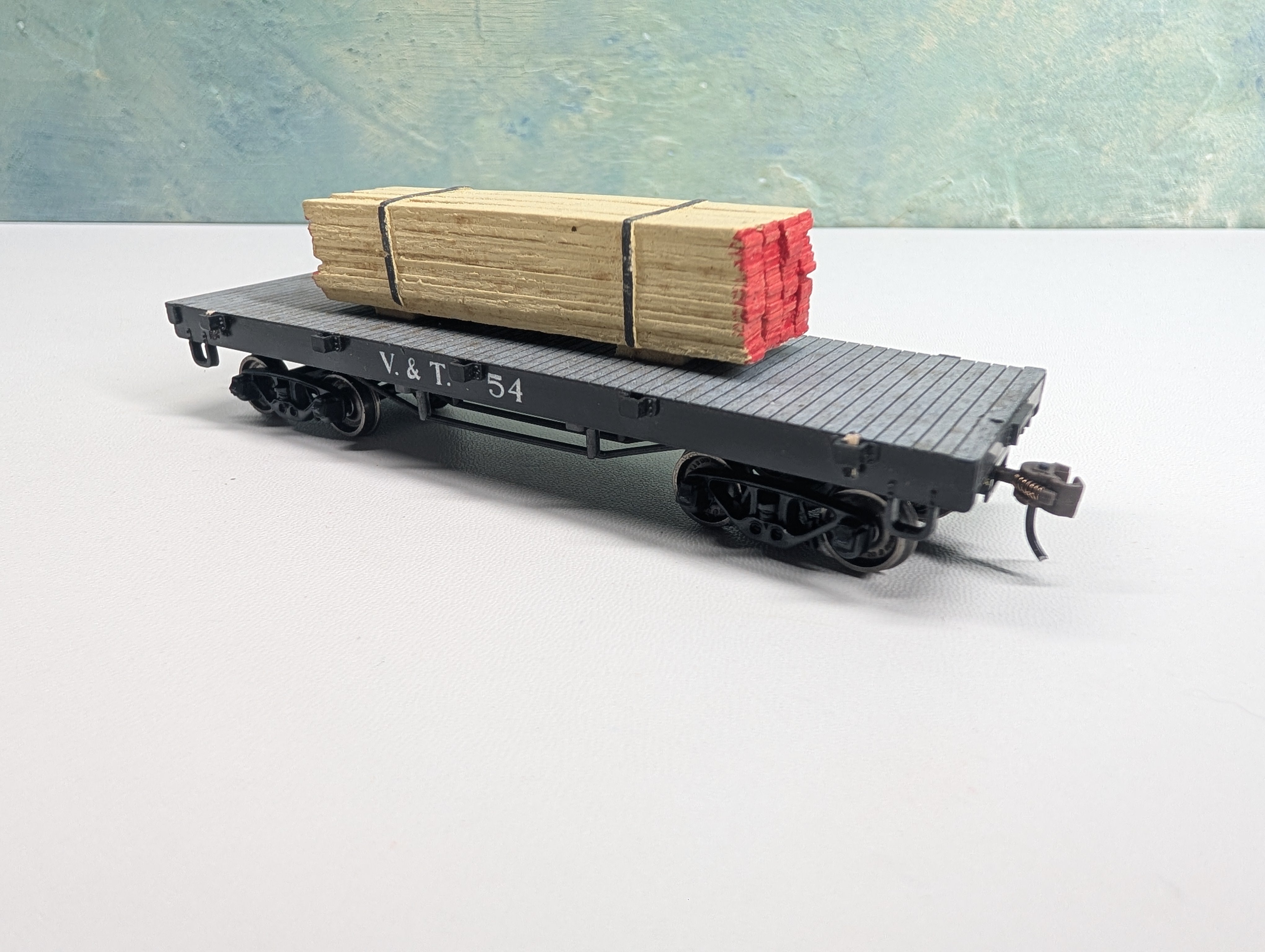USED Pocher HO Scale Old Time 34' Flat Car Virginia and Truckee V&T #54 w/ Custom Load, Metal Wheels
