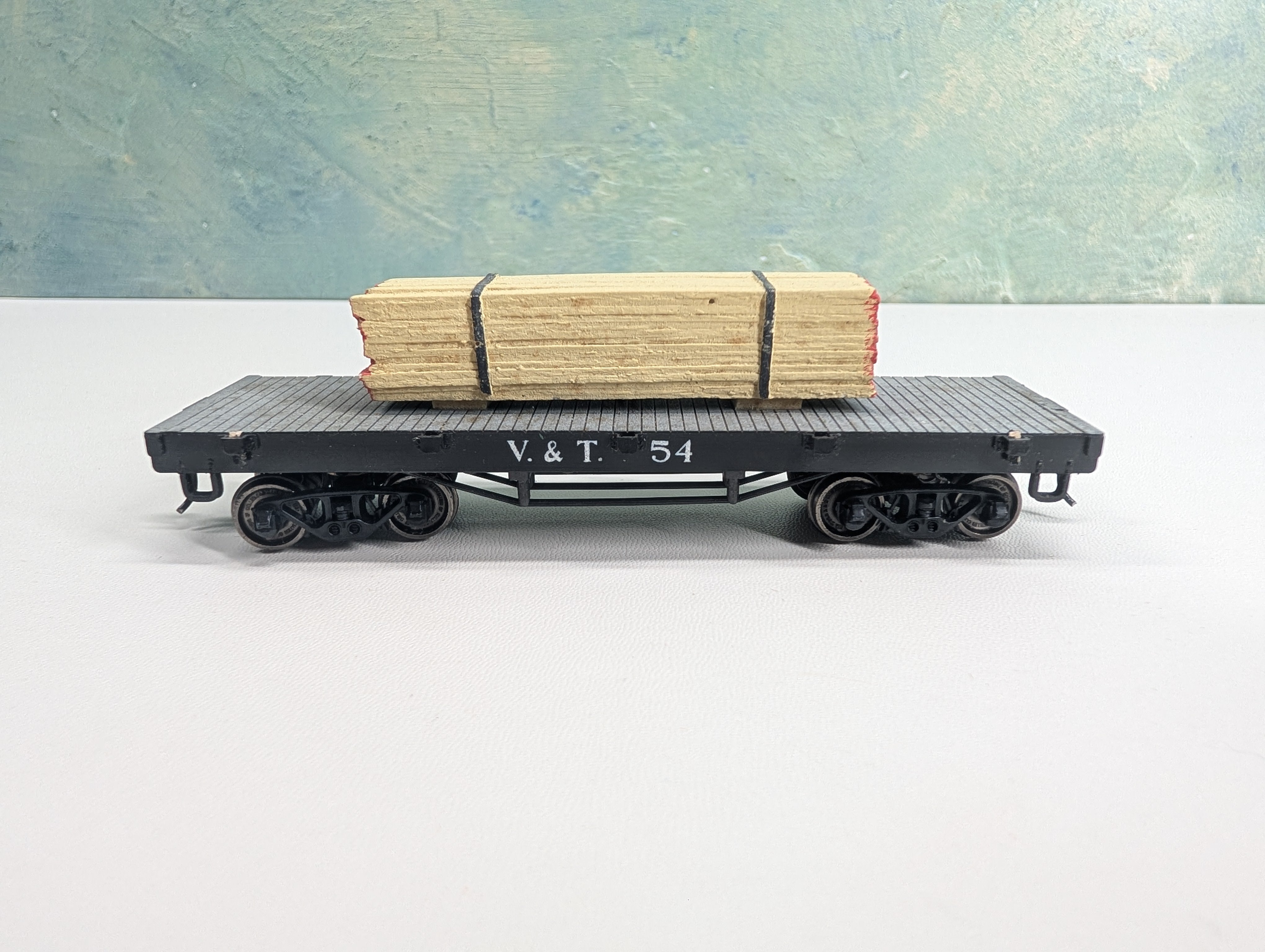 USED Pocher HO Scale Old Time 34' Flat Car Virginia and Truckee V&T #54 w/ Custom Load, Metal Wheels