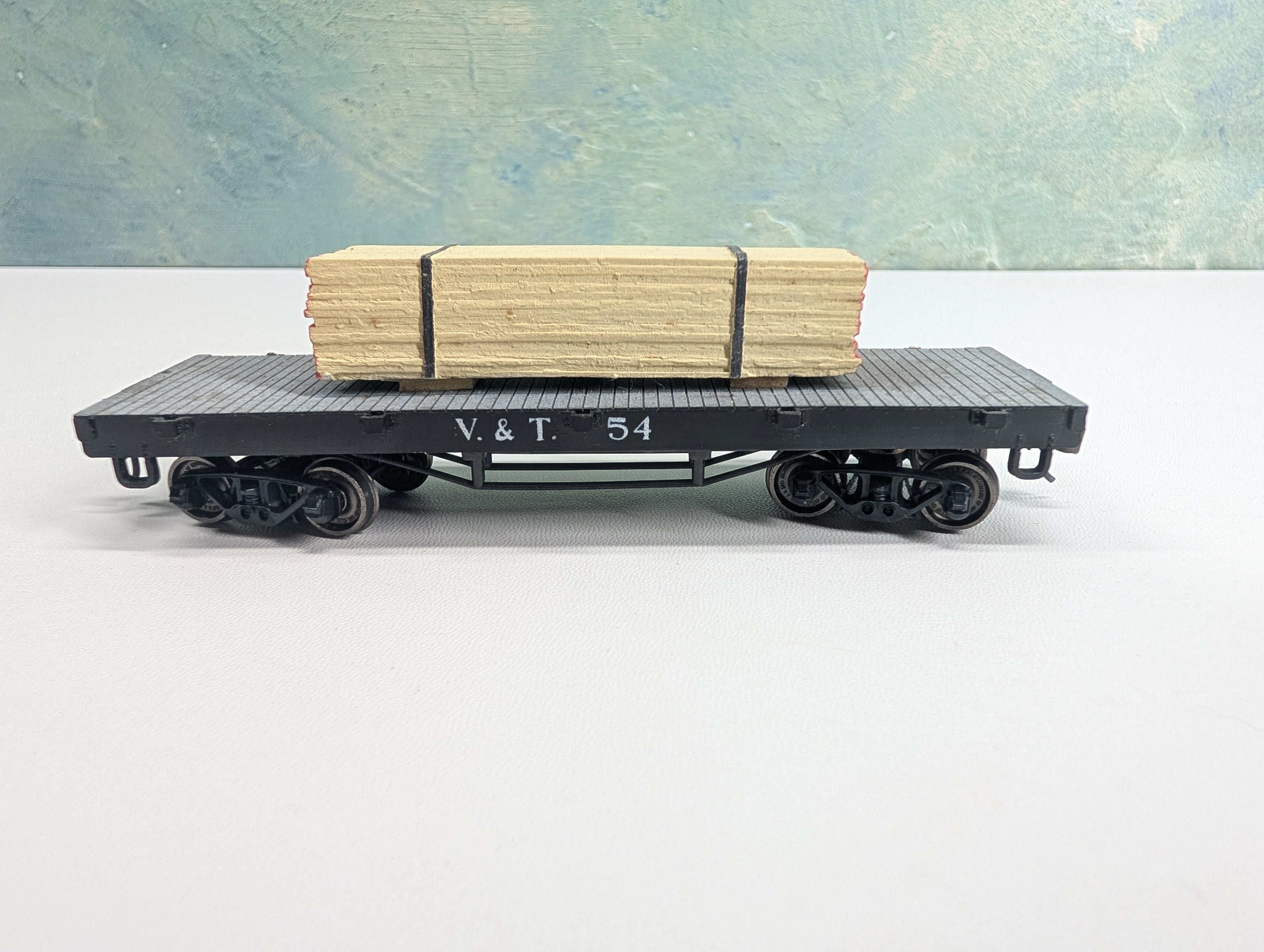 USED Pocher HO Scale Old Time 34' Flat Car Virginia and Truckee V&T #54 w/ Custom Load, Metal Wheels
