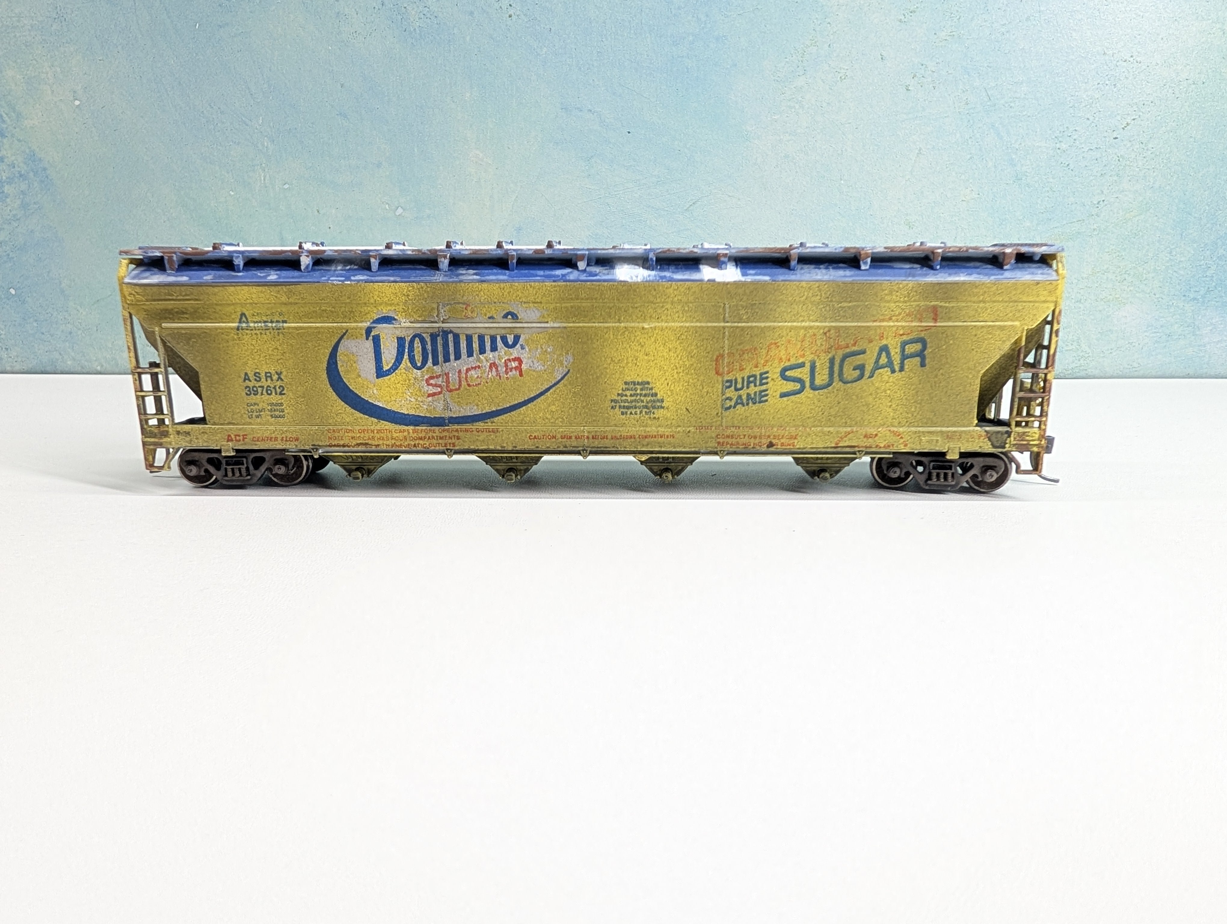 USED Tyco HO Scale ACF Covered Hopper Billboard Domino Cane Sugar ASRX #397612 Metal Wheels, Weathered