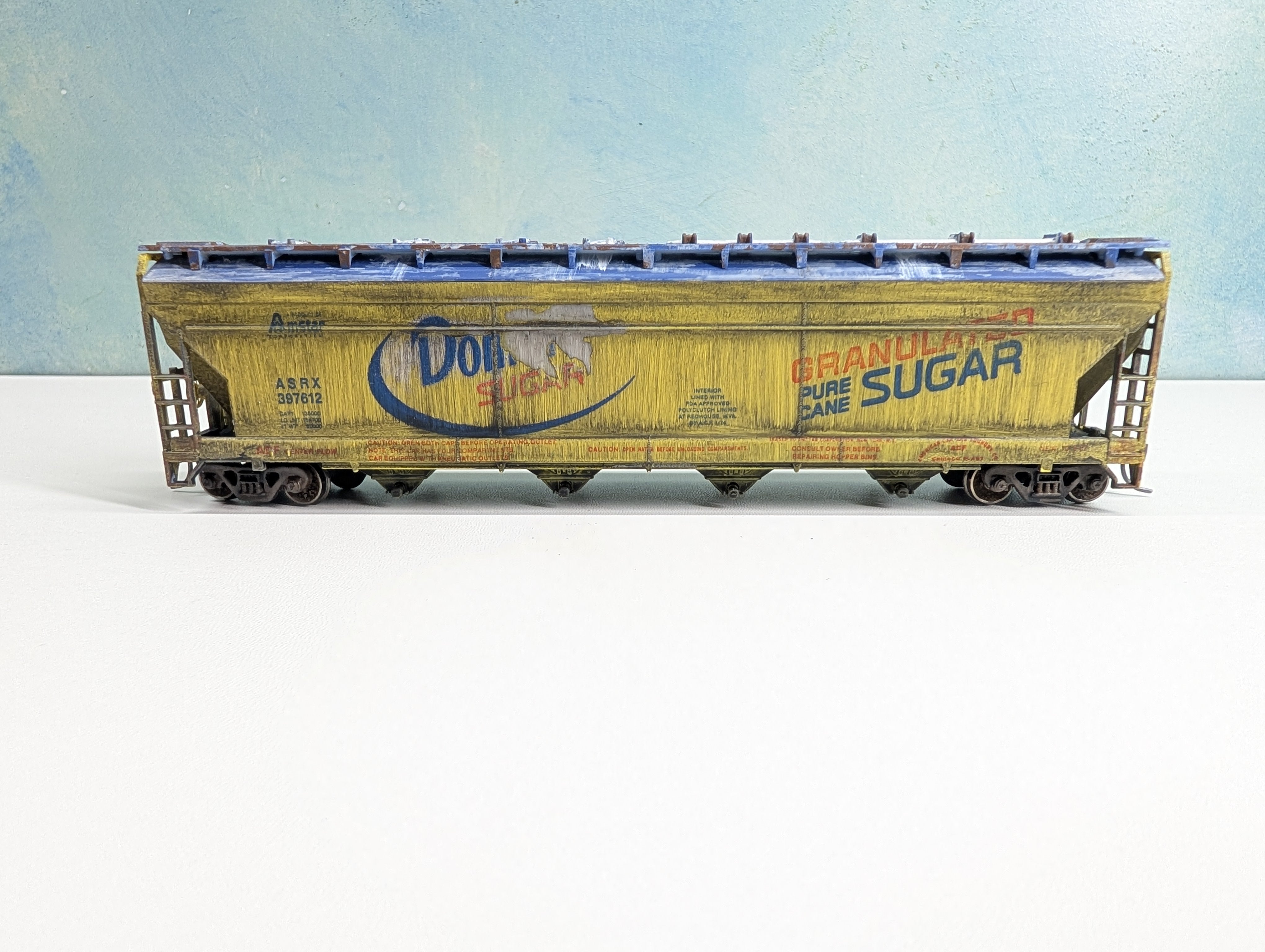 USED Tyco HO Scale ACF Covered Hopper Billboard Domino Cane Sugar ASRX #397612 Metal Wheels, Weathered