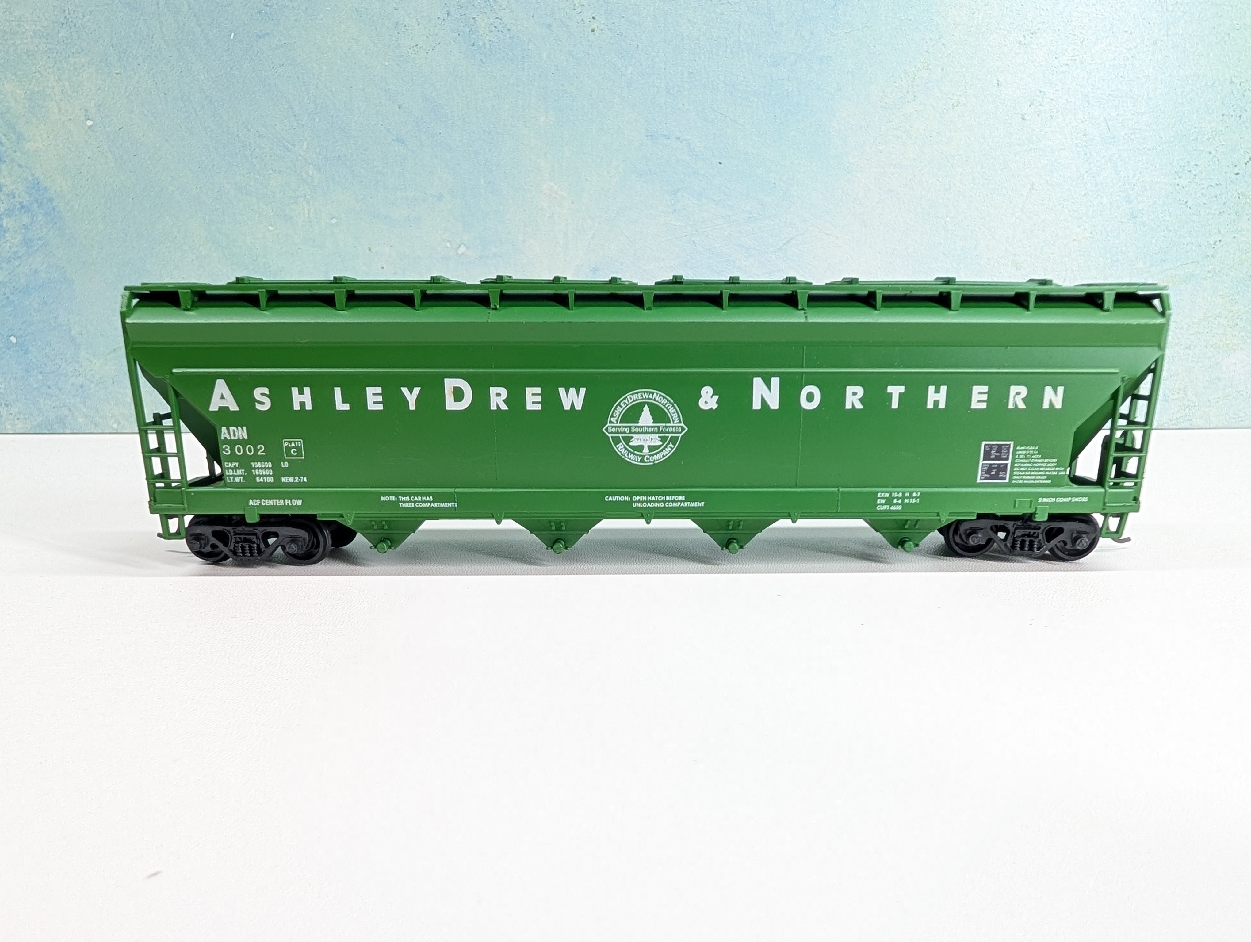 USED Athearn 340 HO Scale ACF Center Flow Hopper Ashley Drew & Northern ADN #3002 Bev-Bel
