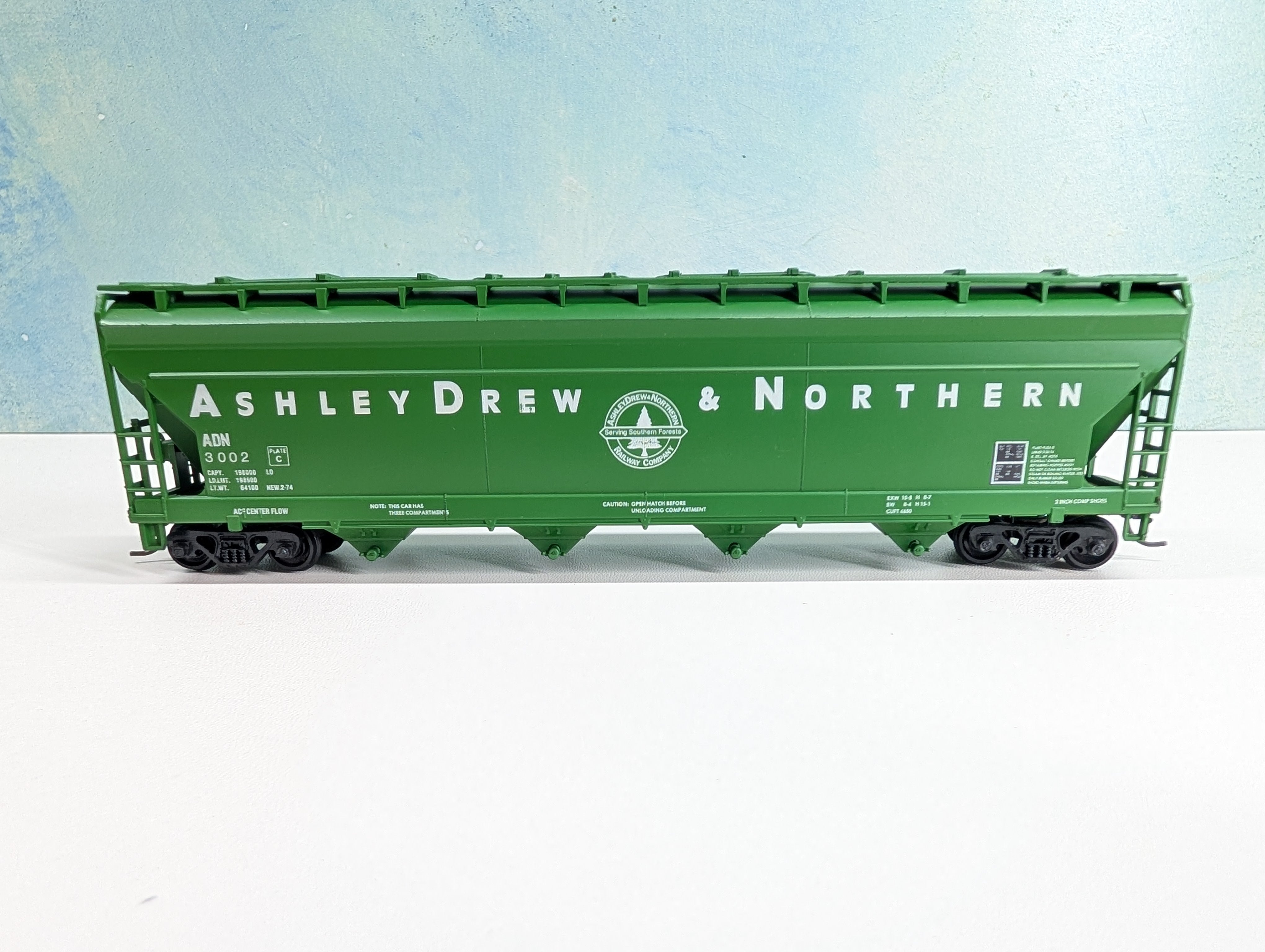 USED Athearn 340 HO Scale ACF Center Flow Hopper Ashley Drew & Northern ADN #3002 Bev-Bel