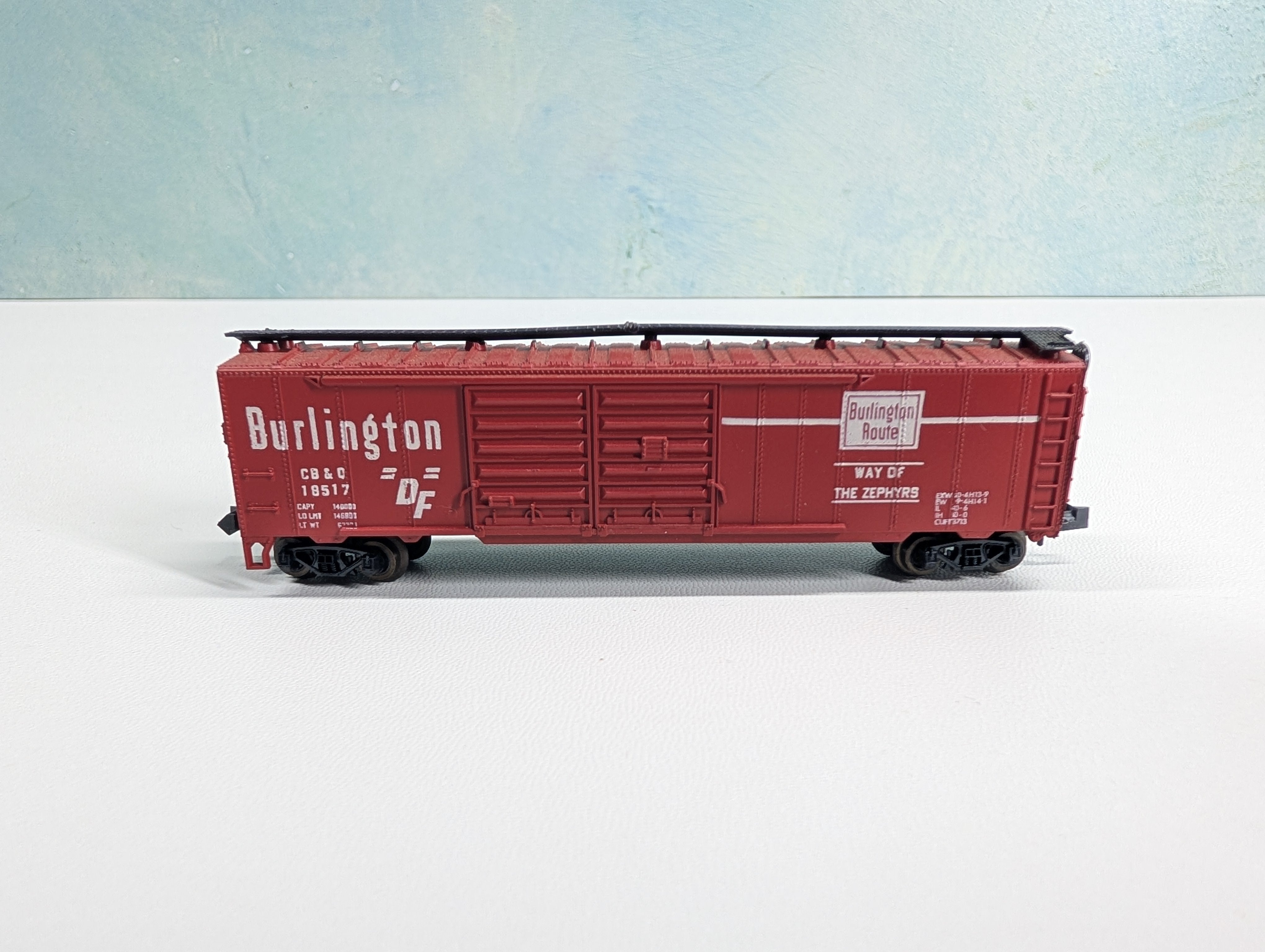 USED Postage Stamp Trains Aurora N Scale 50' DD Box Car Burlington CB&Q #18517 Red