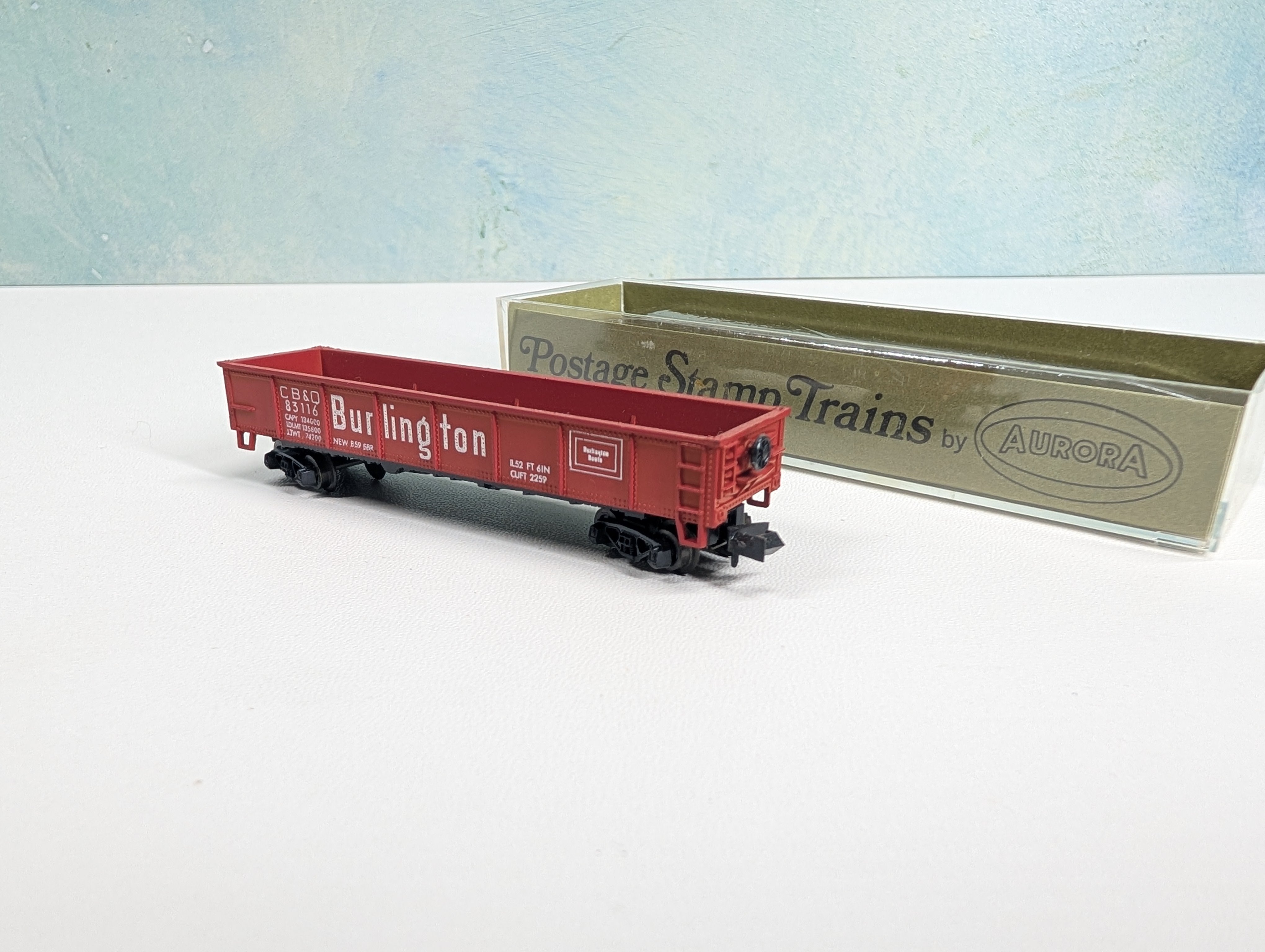 USED Postage Stamp Trains Aurora N Scale Gondola Burlington CB&Q #83116