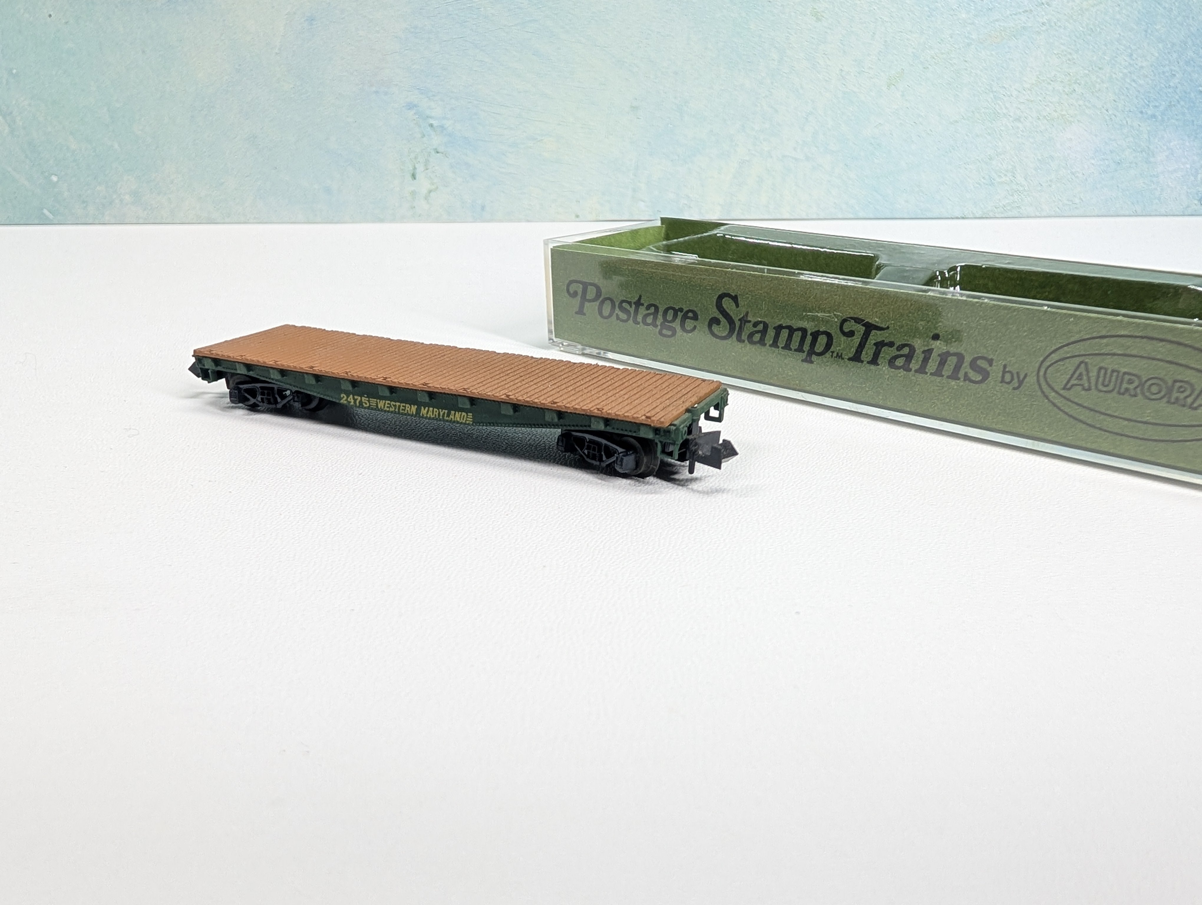 USED Postage Stamp Trains Aurora N Scale Flat Car Western Maryland WM #2475