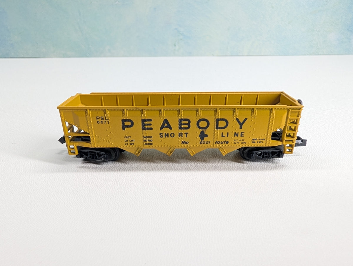 USED Postage Stamp Trains Aurora N Scale Quad Hopper Peabody Short Line PSL #6671