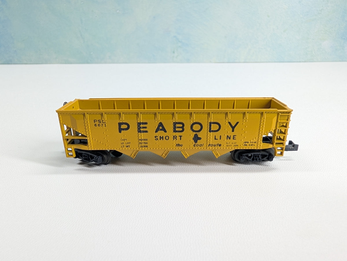 USED Postage Stamp Trains Aurora N Scale Quad Hopper Peabody Short Line PSL #6671