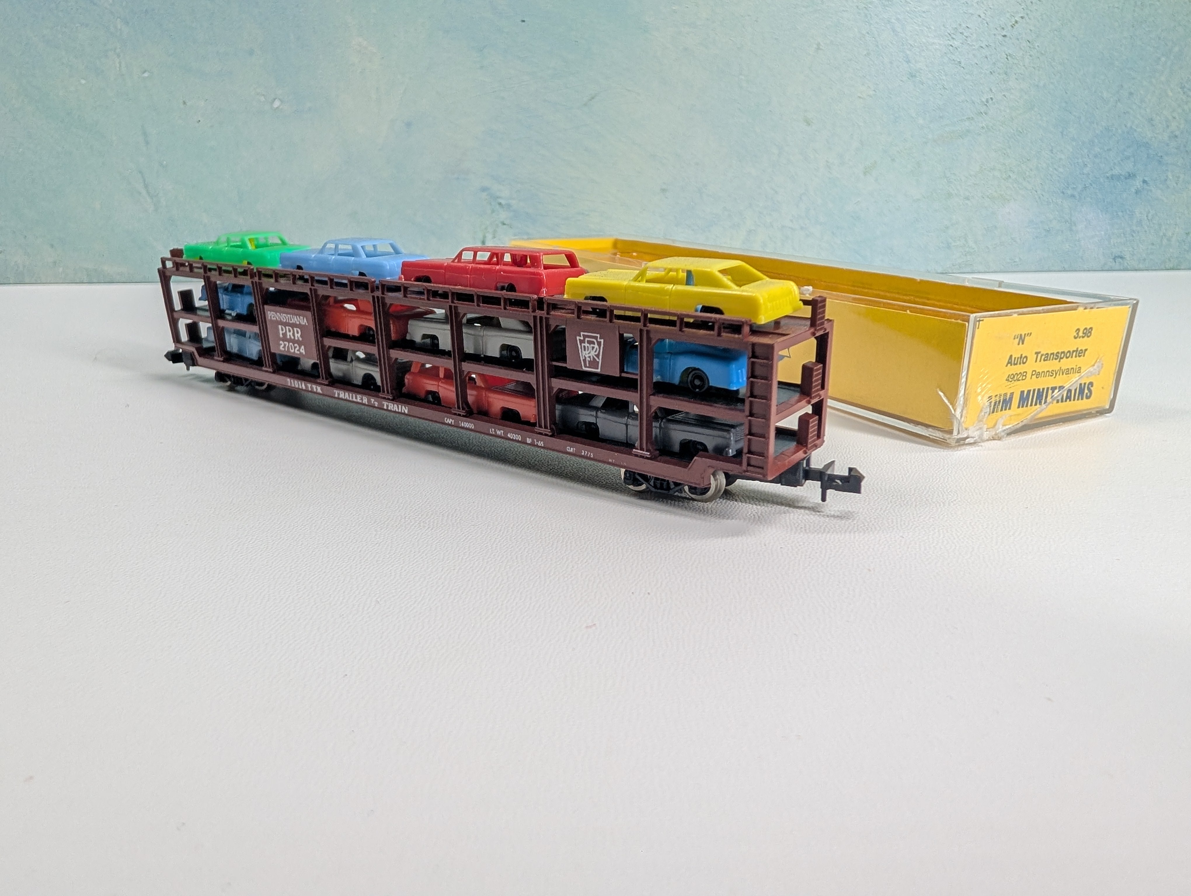 USED TRIX N Scale Auto Transporter w/ Vehicles Pennsylvania TTX 71014 #27024