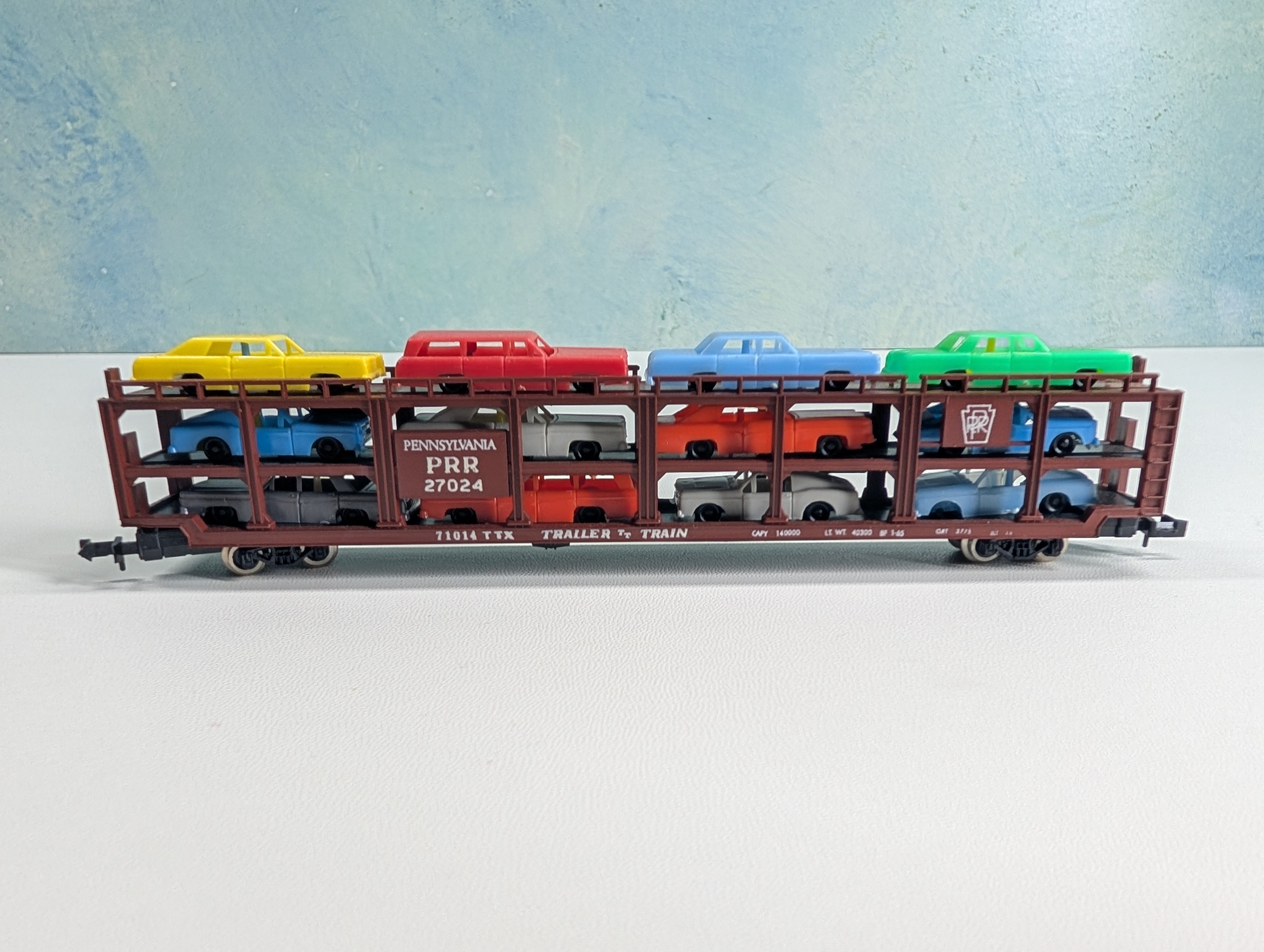 USED TRIX N Scale Auto Transporter w/ Vehicles Pennsylvania TTX 71014 #27024