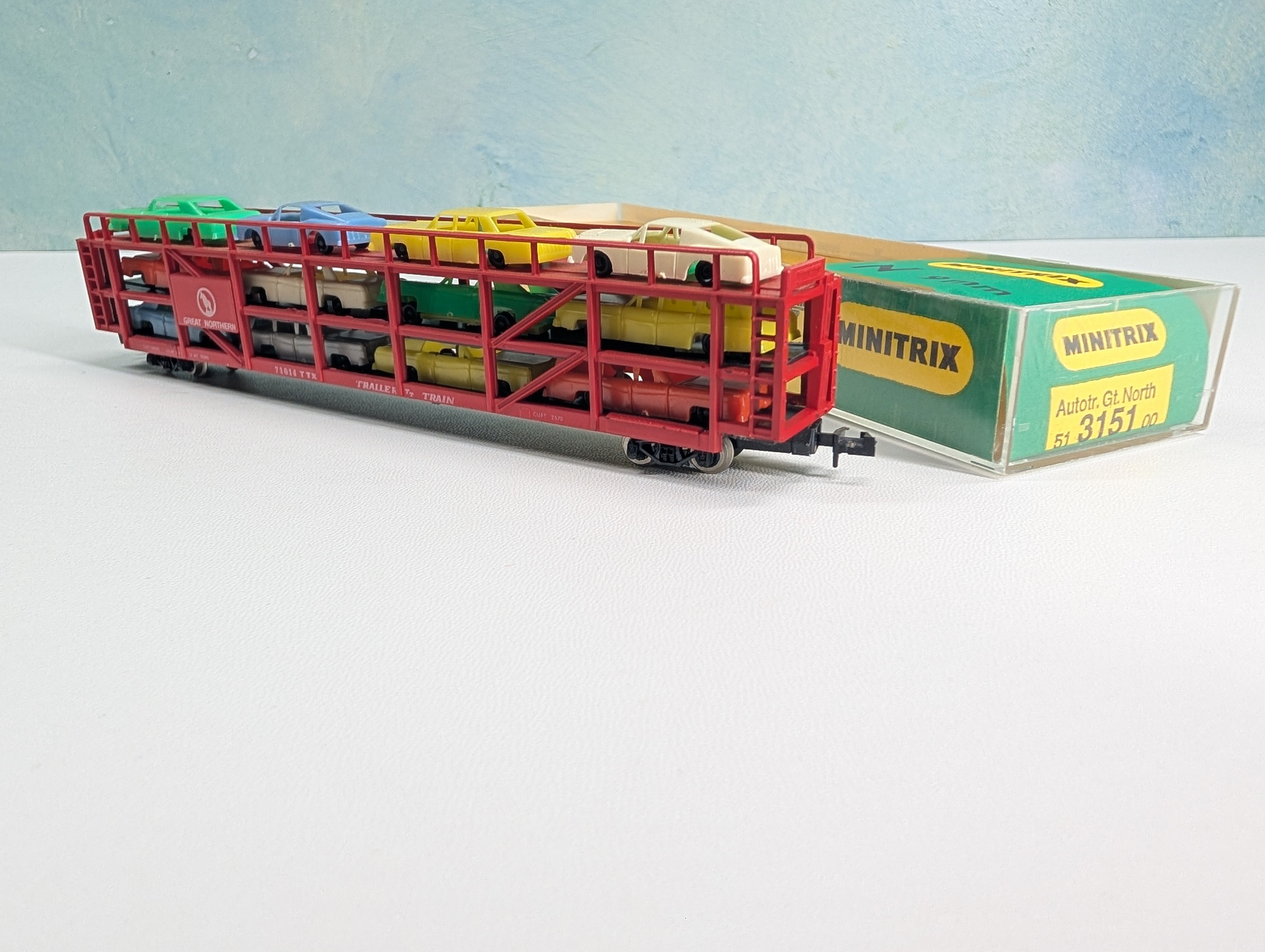 USED TRIX N Scale Auto Transporter w/ Vehicles Great Northern TTX #71014