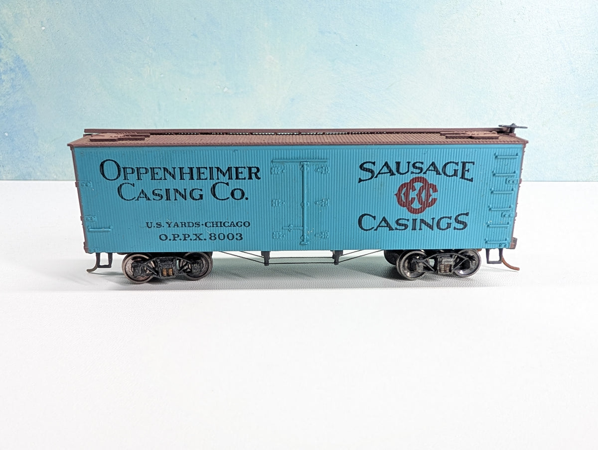 USED Roundhouse HO Scale Wood Reefer Oppenheimer Casing Co. OPPX #8003 Sausage Casings, Metal Wheels