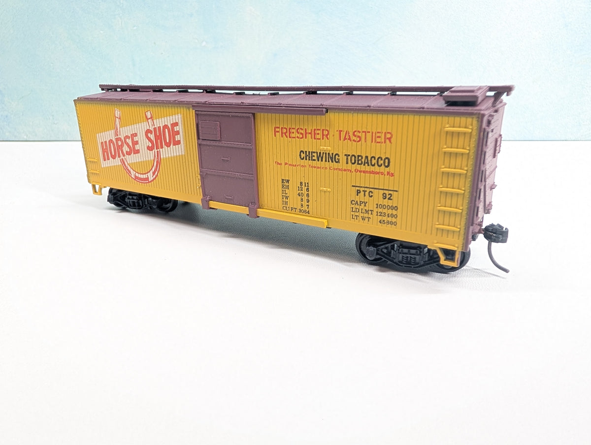 USED TRAIN MINIATURE HO Scale 40' Wood Box Car, Tobacco Series Horse Shoe Tobacco PTC #92