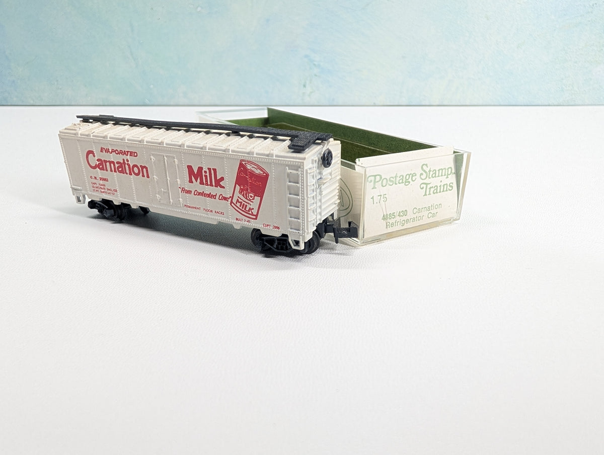 USED Postage Stamp Trains Aurora N Scale Box Car Carnation Milk CM #25063