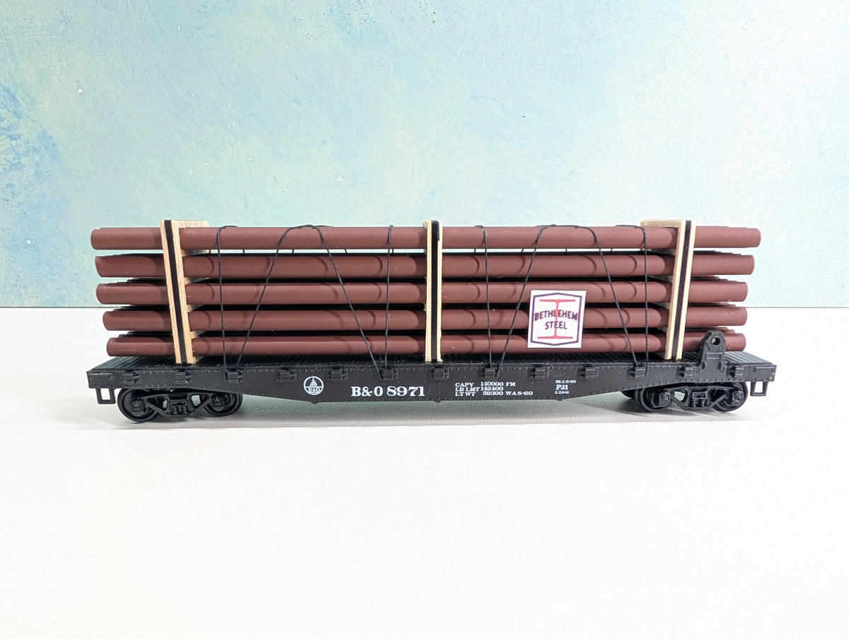USED Athearn HO Scale 50' Flat Car w/ Bethlehem Steel Load Baltimore and Ohio B&O #8971