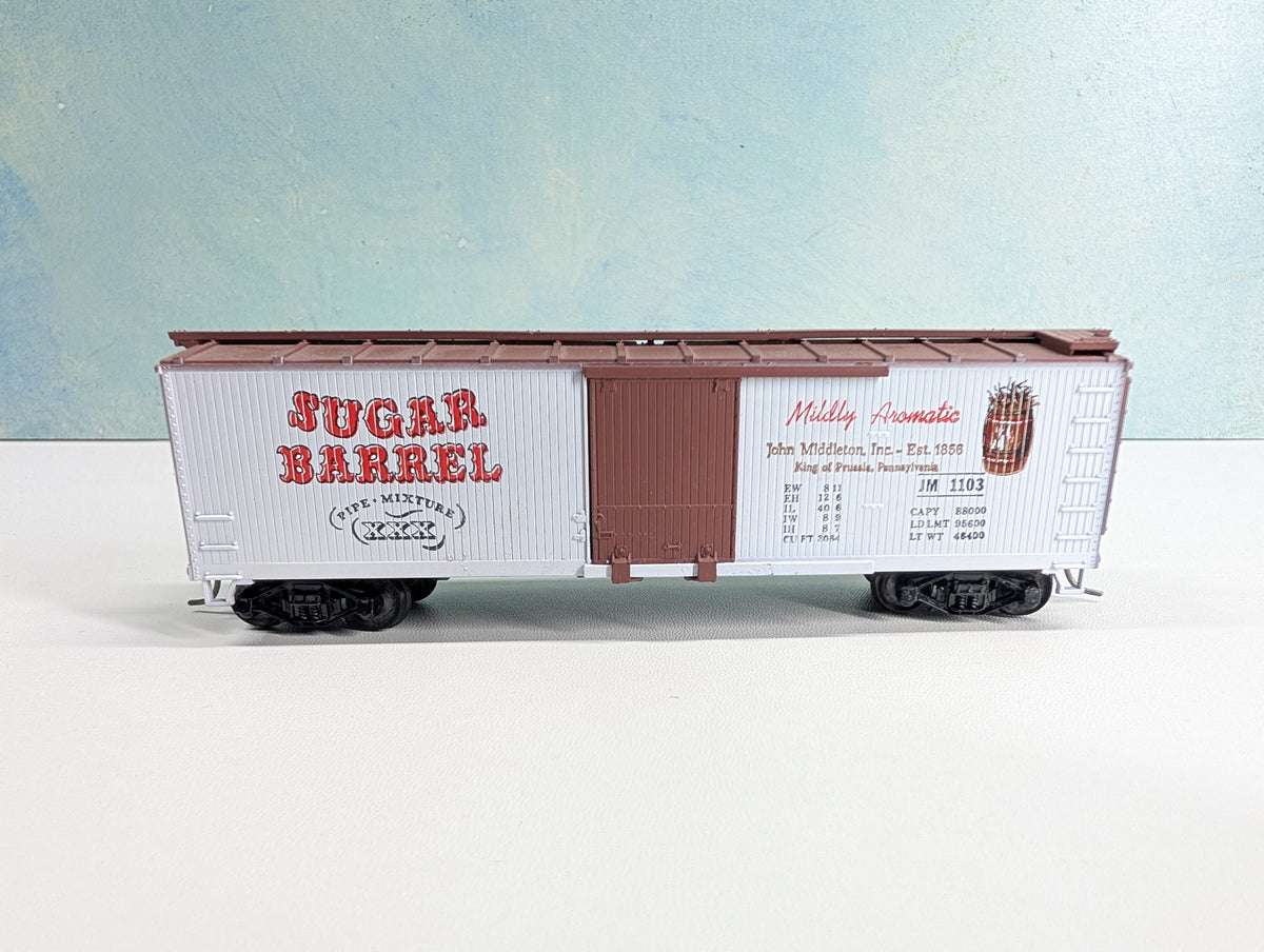USED TRAIN MINIATURE HO Scale 40' Wood Box Car, Tobacco Series Sugar Barrel JM #1103 Metal Wheels
